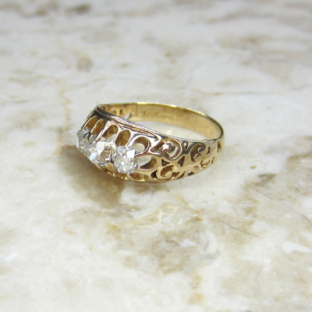 Antique Victorian 14k Gold Old Mine Cut Diamond Three Stone Ring c.1880s