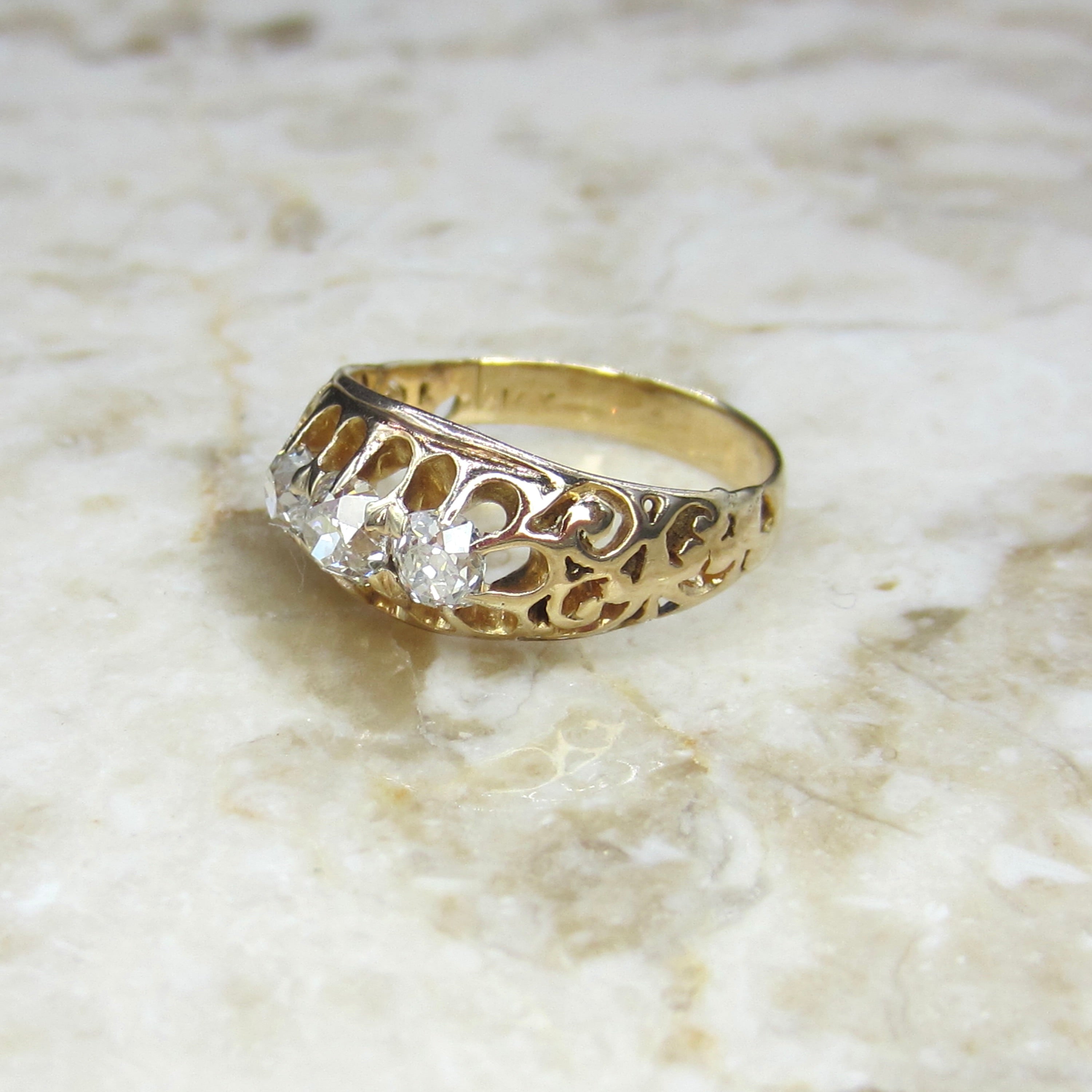 Antique Victorian 14k Gold Old Mine Cut Diamond Three Stone Ring c.1880s