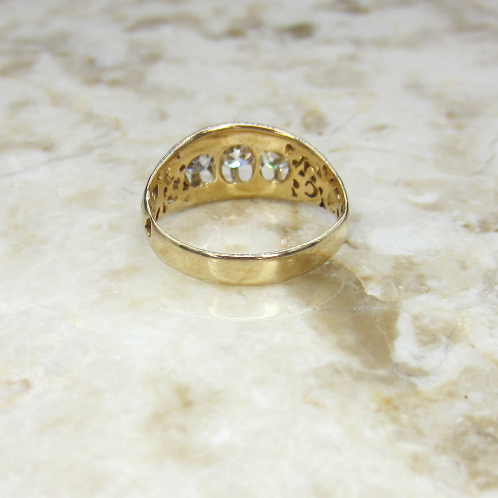 Antique Victorian 14k Gold Old Mine Cut Diamond Three Stone Ring c.1880s