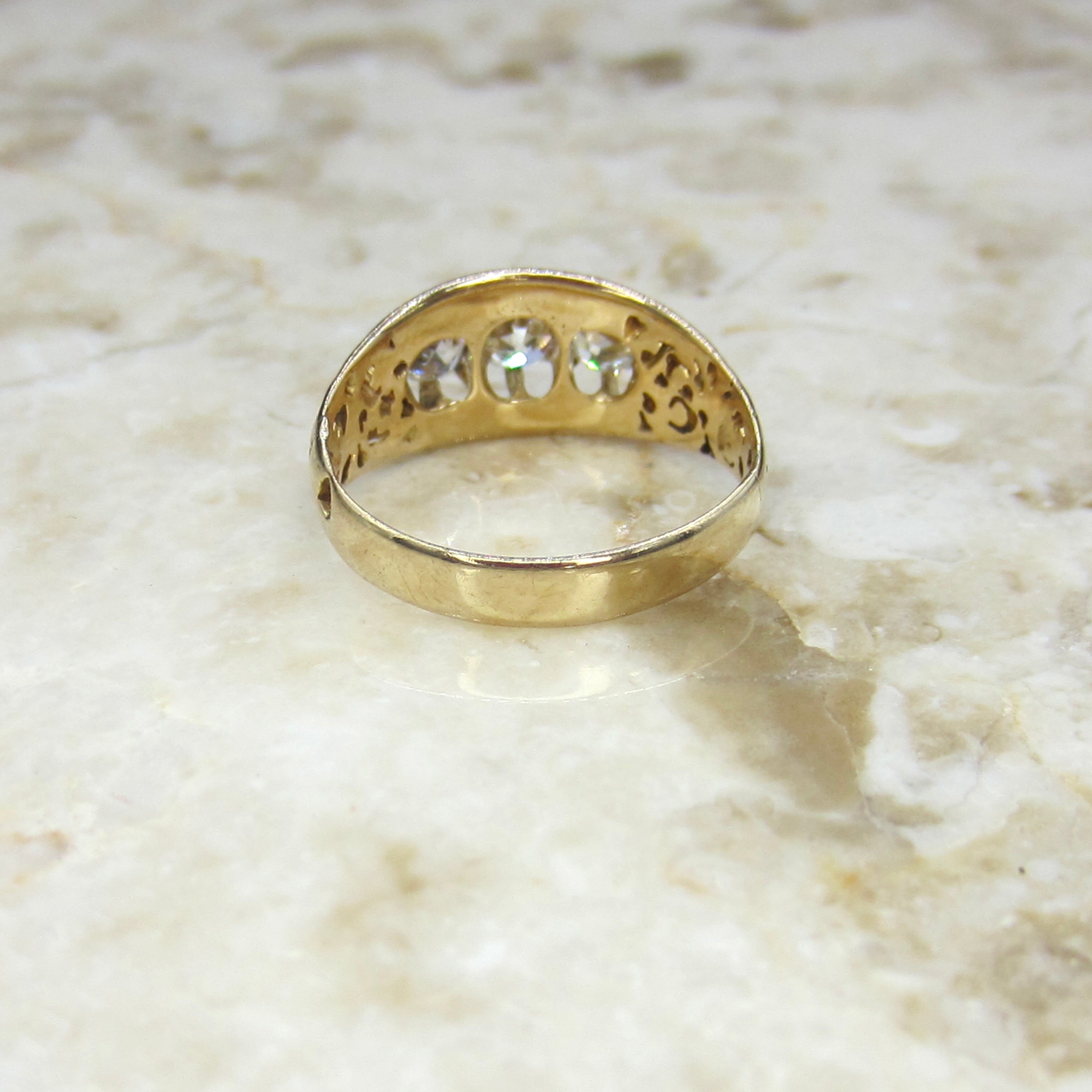 Antique Victorian 14k Gold Old Mine Cut Diamond Three Stone Ring c.1880s