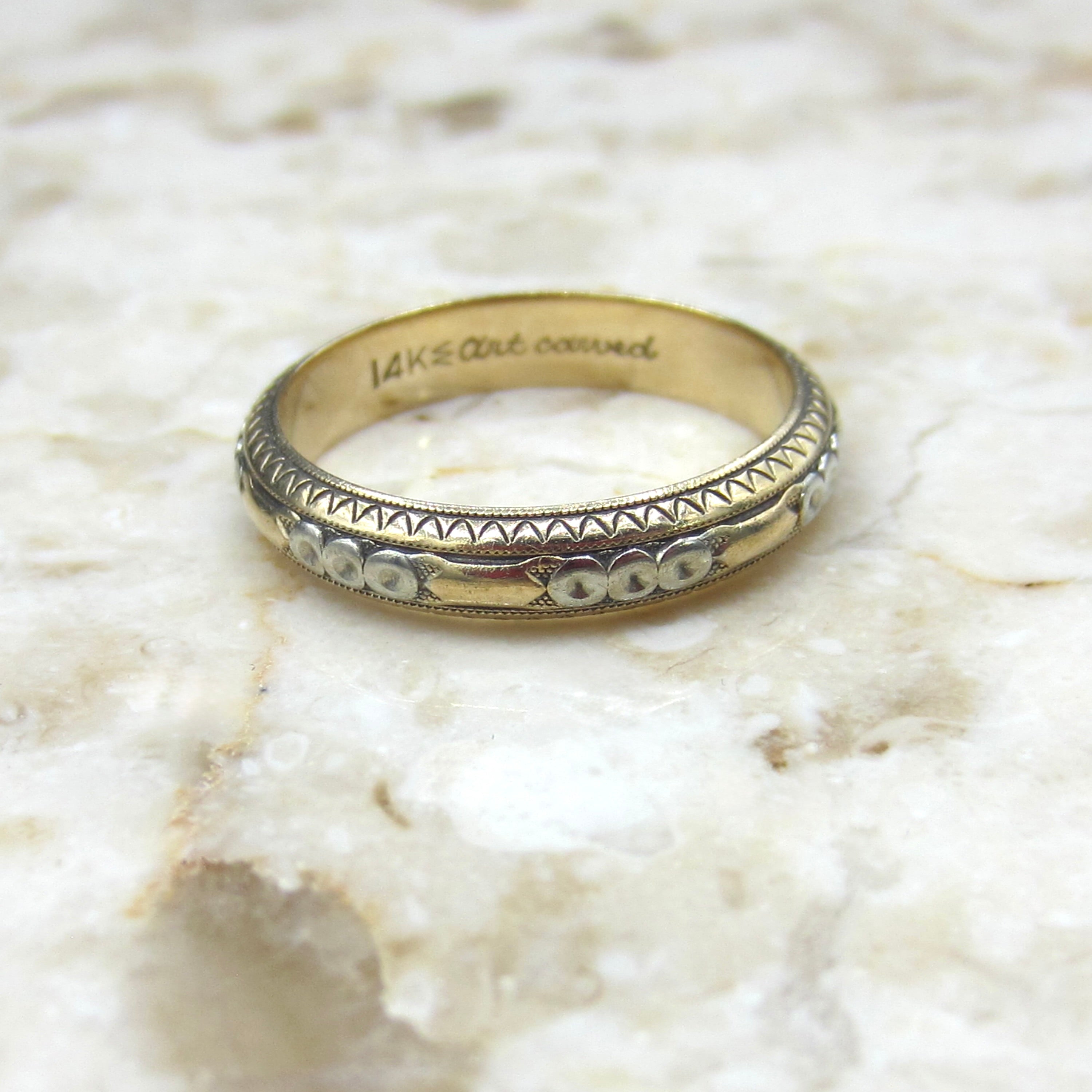 Vintage Art Deco Two Tone 14k Gold Band ARTCARVED Size 8.25