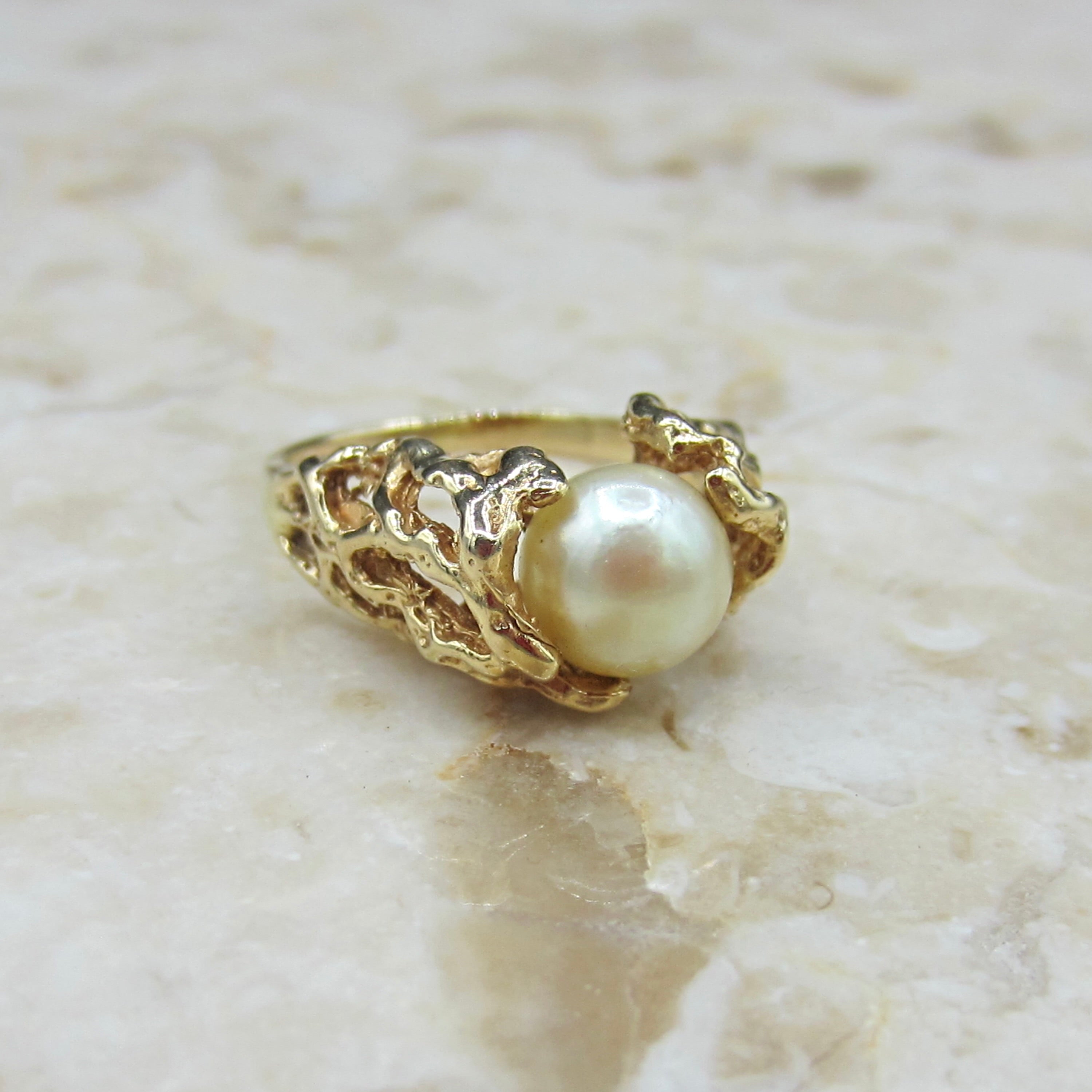 Vintage 14k Gold Brutalist Pearl Ring c.1970s