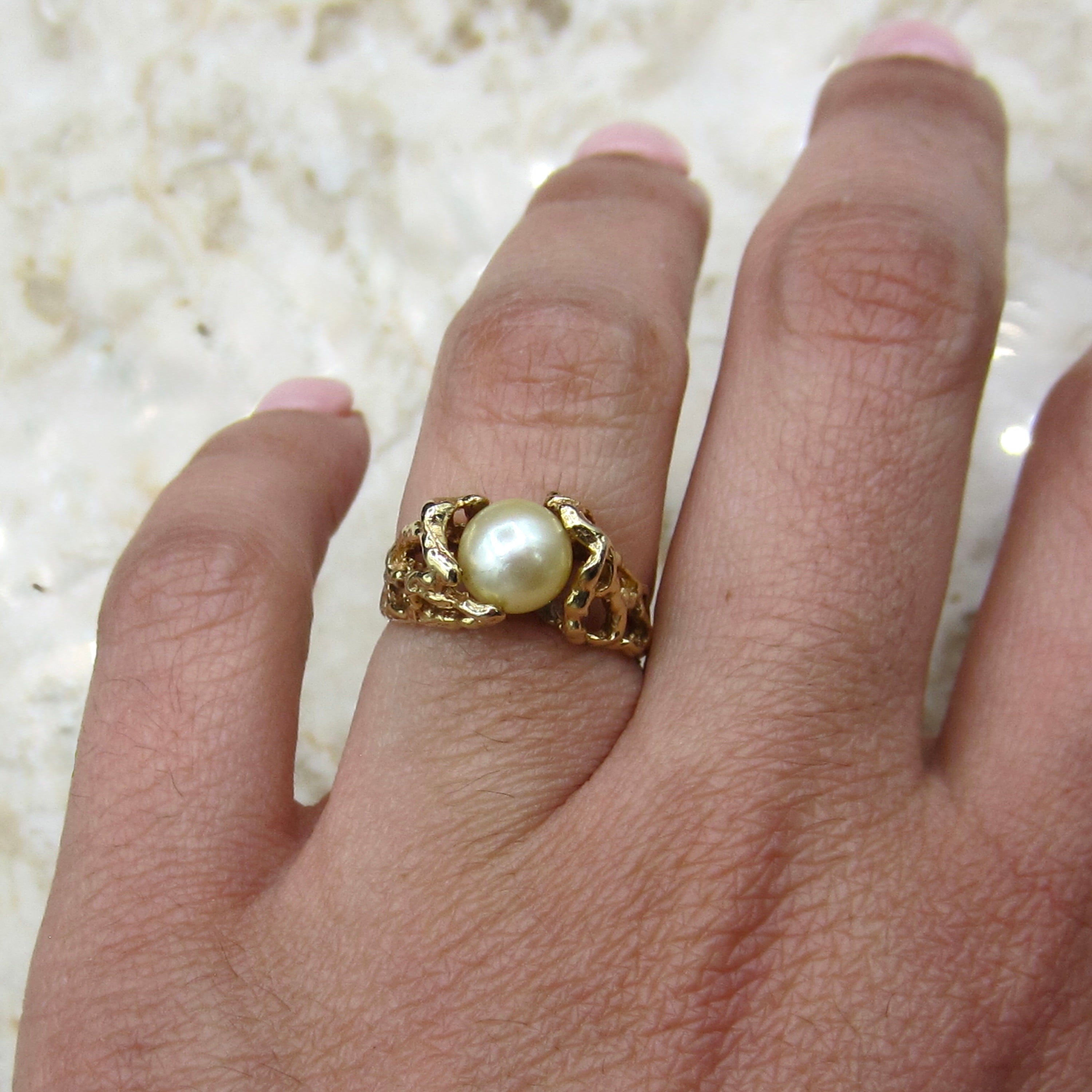 Vintage 14k Gold Brutalist Pearl Ring c.1970s