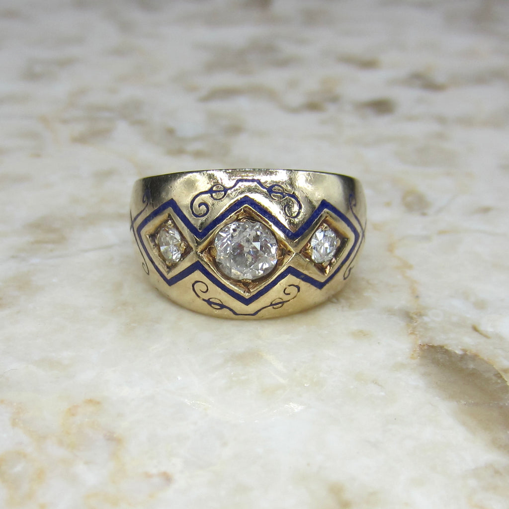 Antique Victorian 14k Gold Men’s Ring With Old Mine Cut Diamonds and Blue Enamel c.1900
