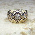 Antique Victorian 14k Gold Men’s Ring With Old Mine Cut Diamonds and Blue Enamel c.1900