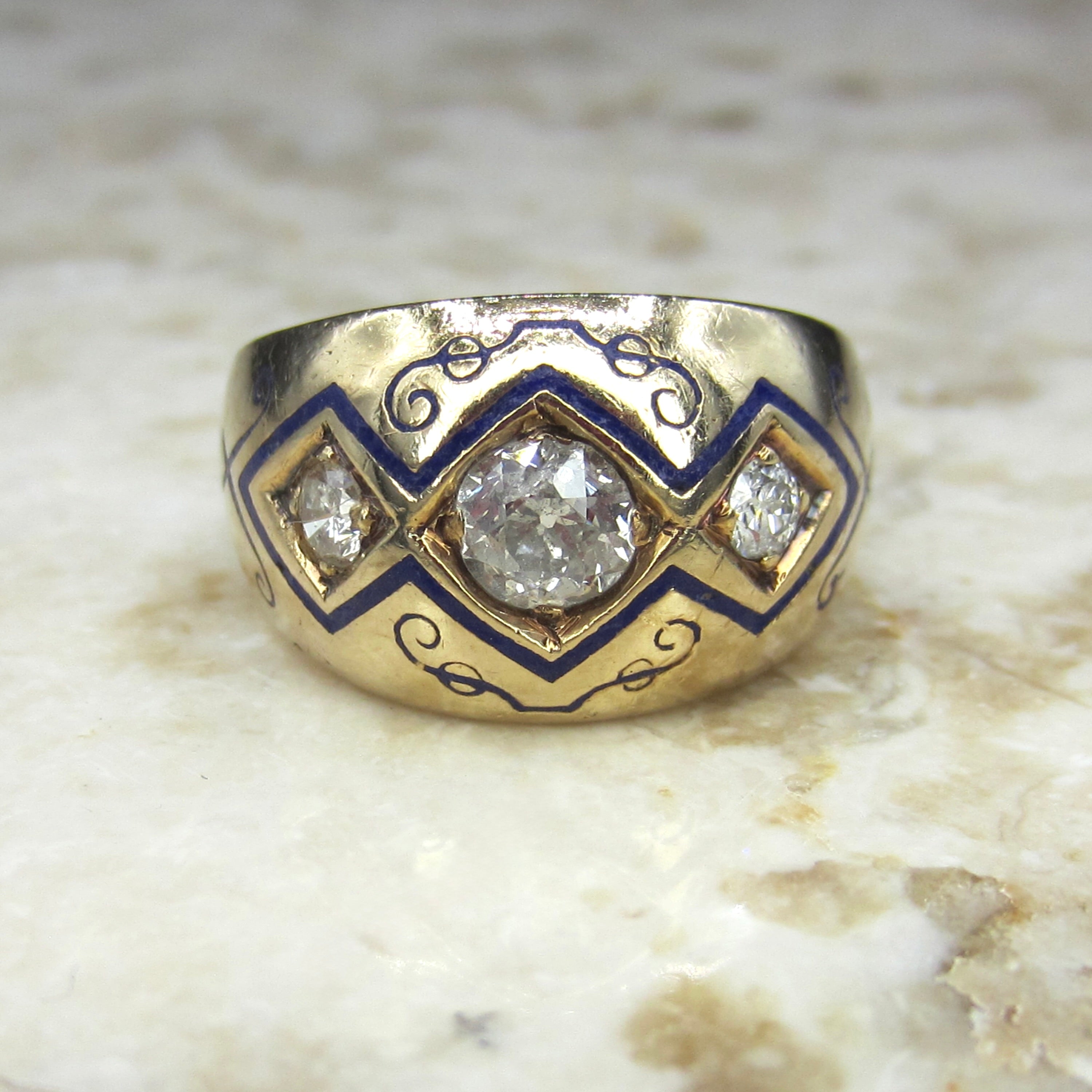 Antique Victorian 14k Gold Men’s Ring With Old Mine Cut Diamonds and Blue Enamel c.1900