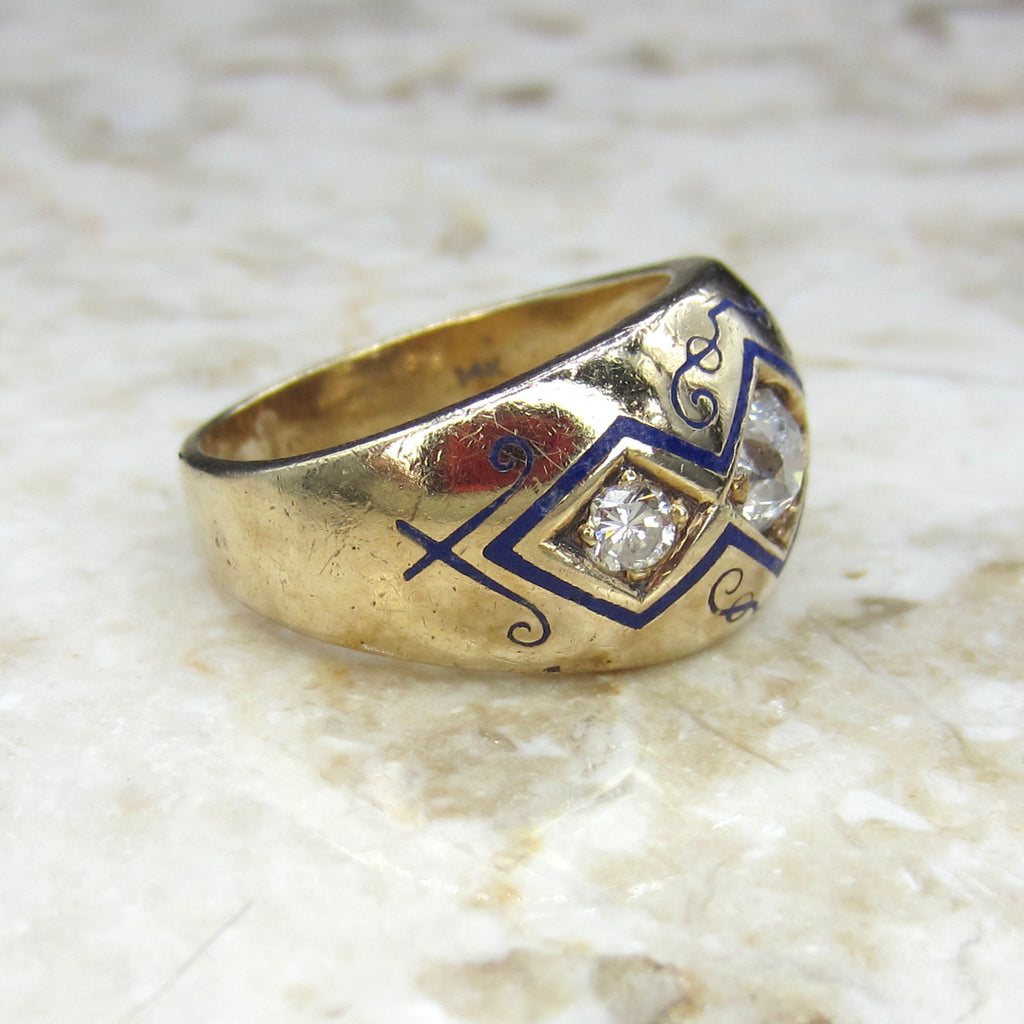 Antique Victorian 14k Gold Men’s Ring With Old Mine Cut Diamonds and Blue Enamel c.1900