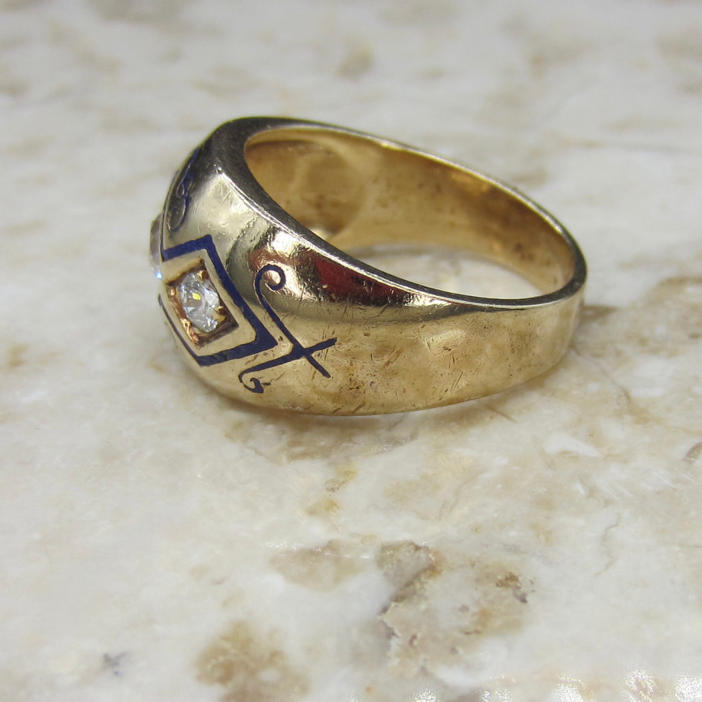 Antique Victorian 14k Gold Men’s Ring With Old Mine Cut Diamonds and Blue Enamel c.1900