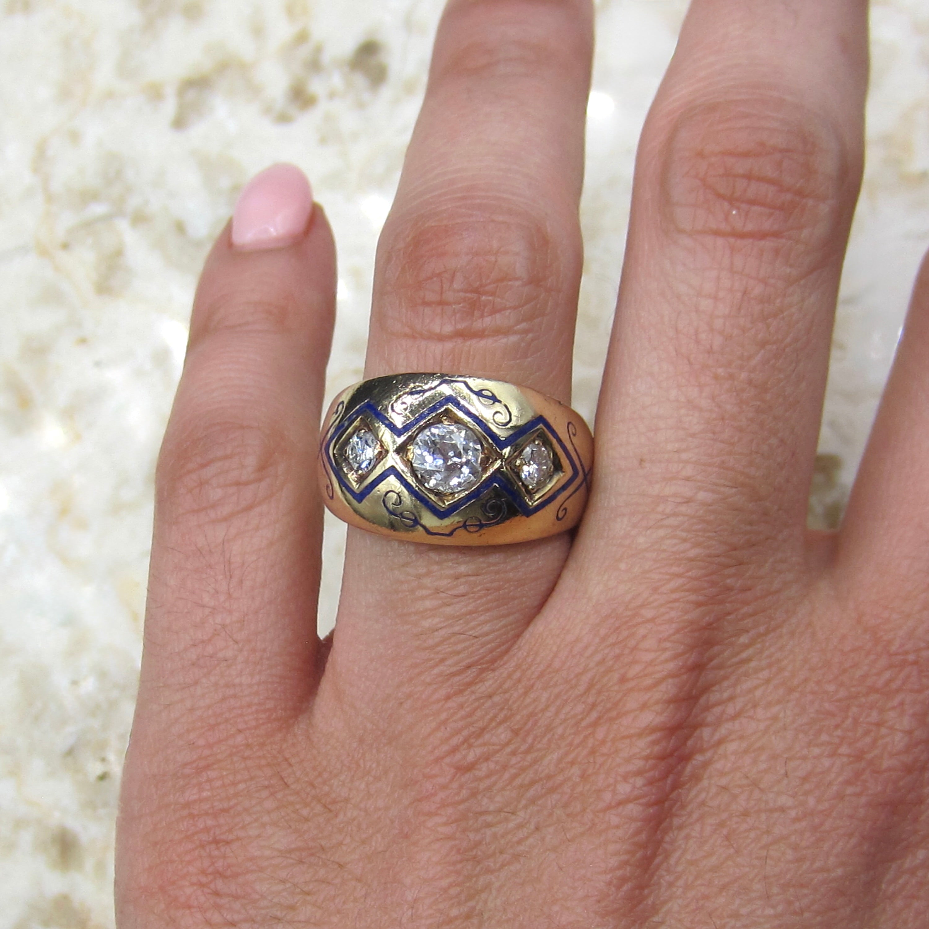 Antique Victorian 14k Gold Men’s Ring With Old Mine Cut Diamonds and Blue Enamel c.1900