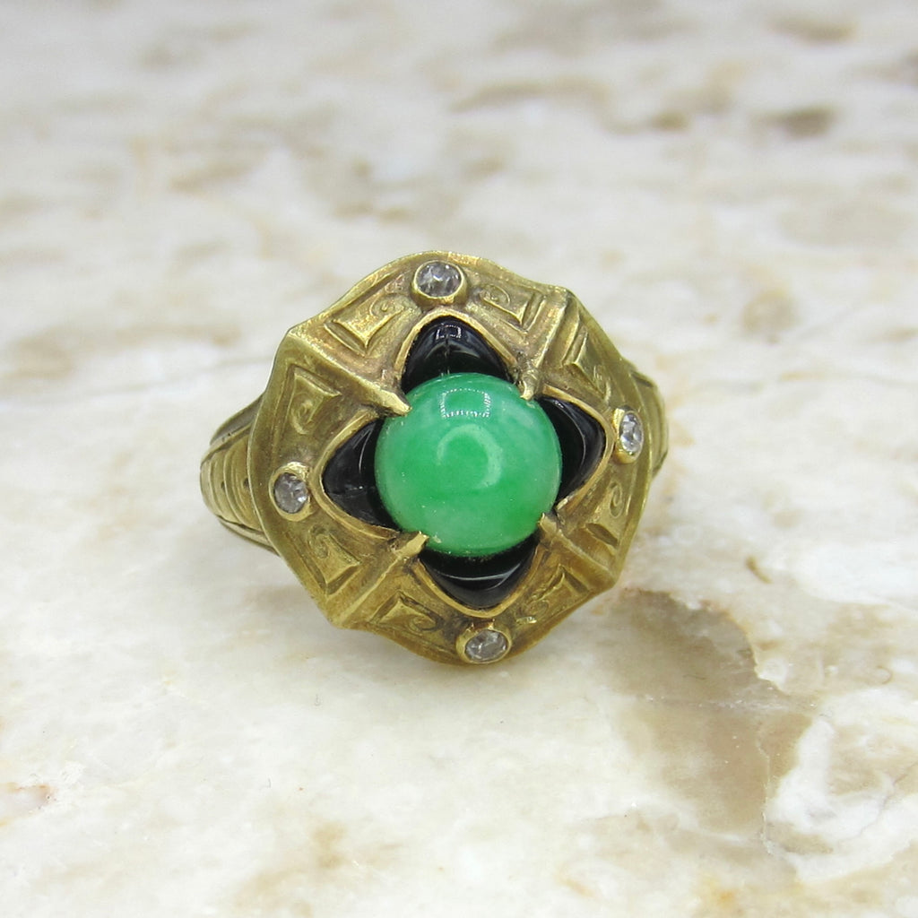 Antique 14k Gold Jade Onyx and Old Cut Diamond Ring c.1920
