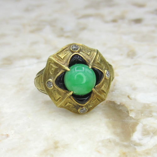 Antique 14k Gold Jade Onyx and Old Cut Diamond Ring c.1920