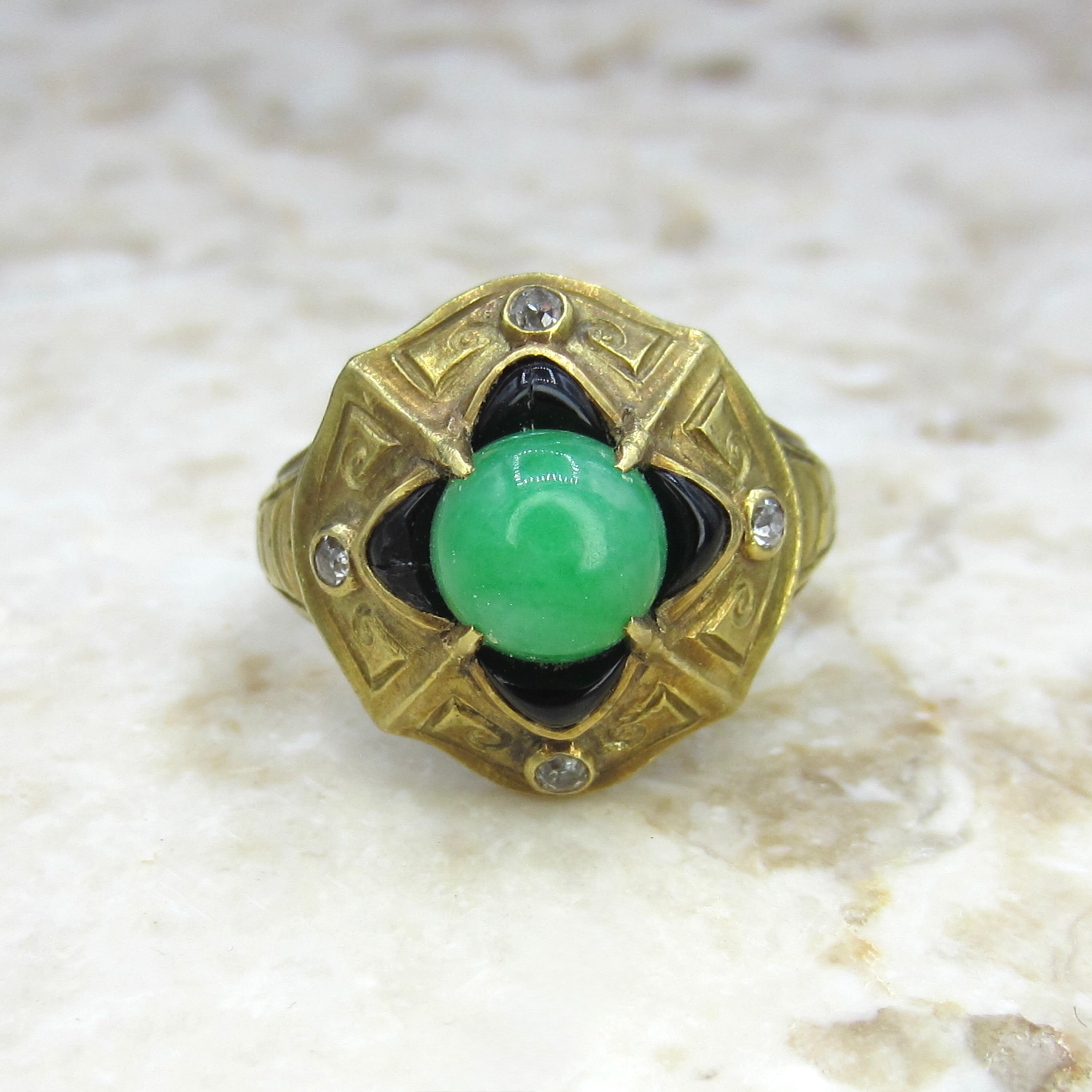 Antique 14k Gold Jade Onyx and Old Cut Diamond Ring c.1920