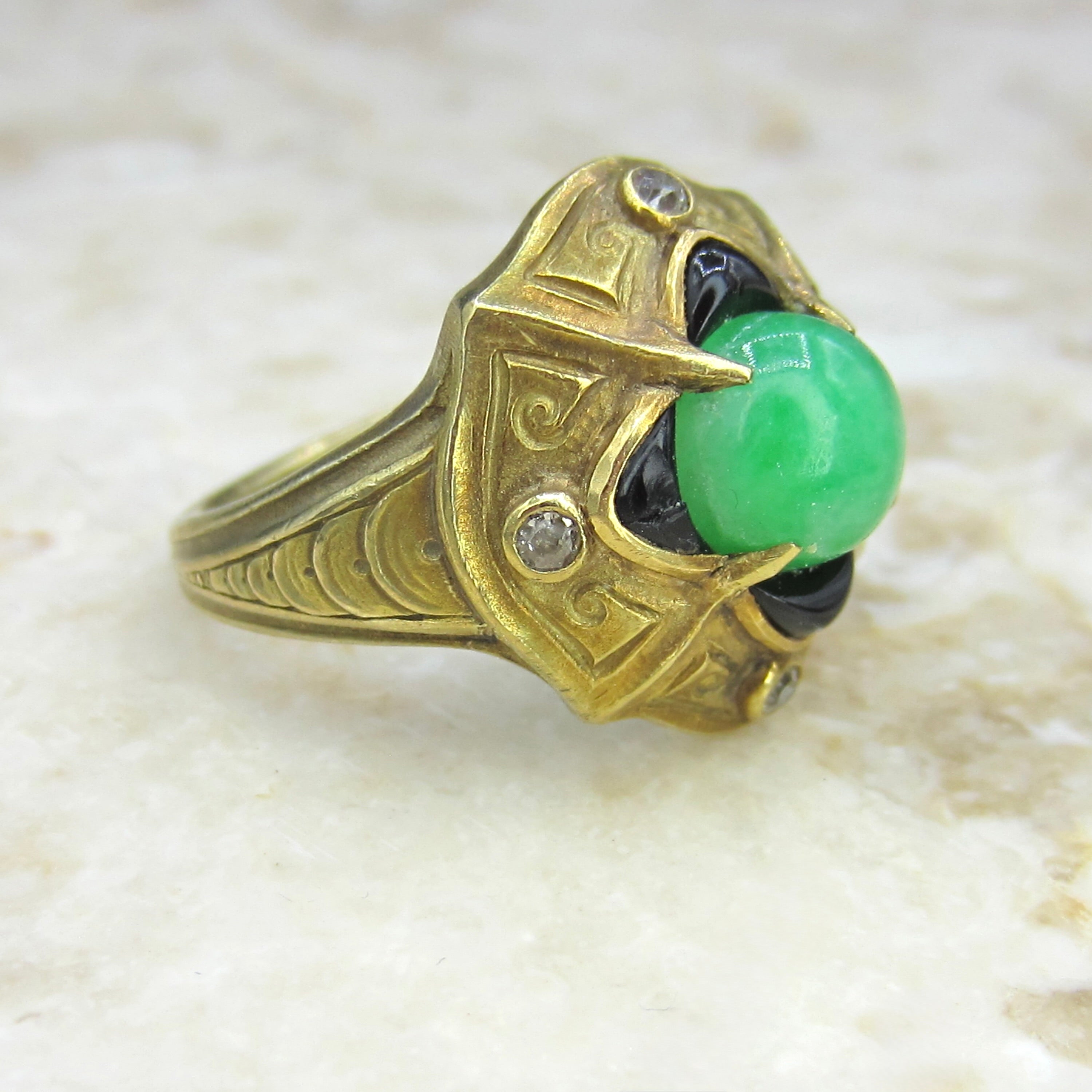 Antique 14k Gold Jade Onyx and Old Cut Diamond Ring c.1920