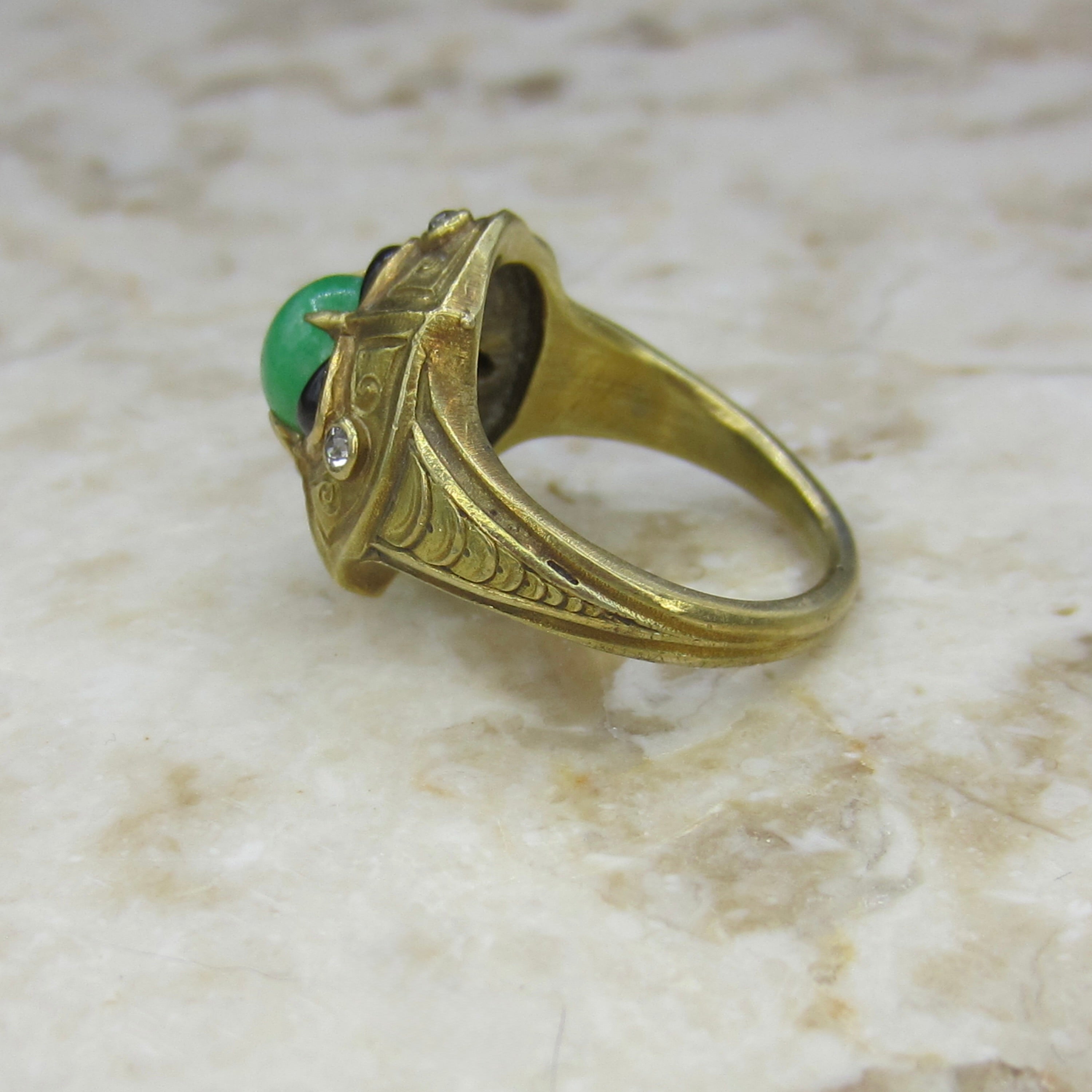 Antique 14k Gold Jade Onyx and Old Cut Diamond Ring c.1920