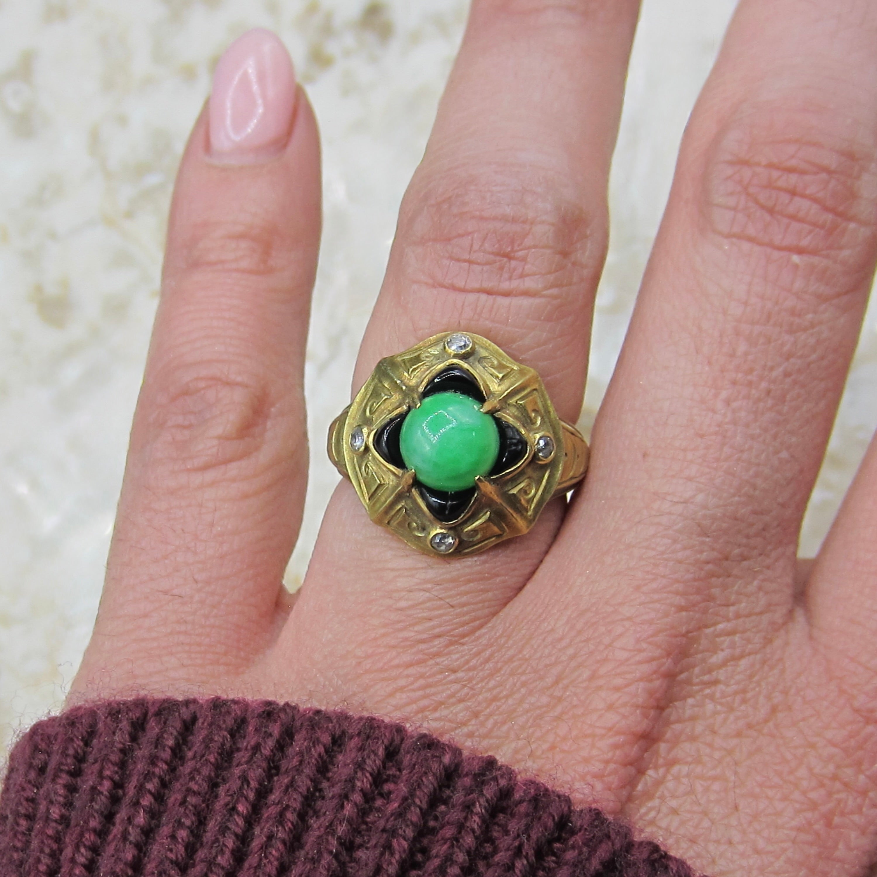 Antique 14k Gold Jade Onyx and Old Cut Diamond Ring c.1920