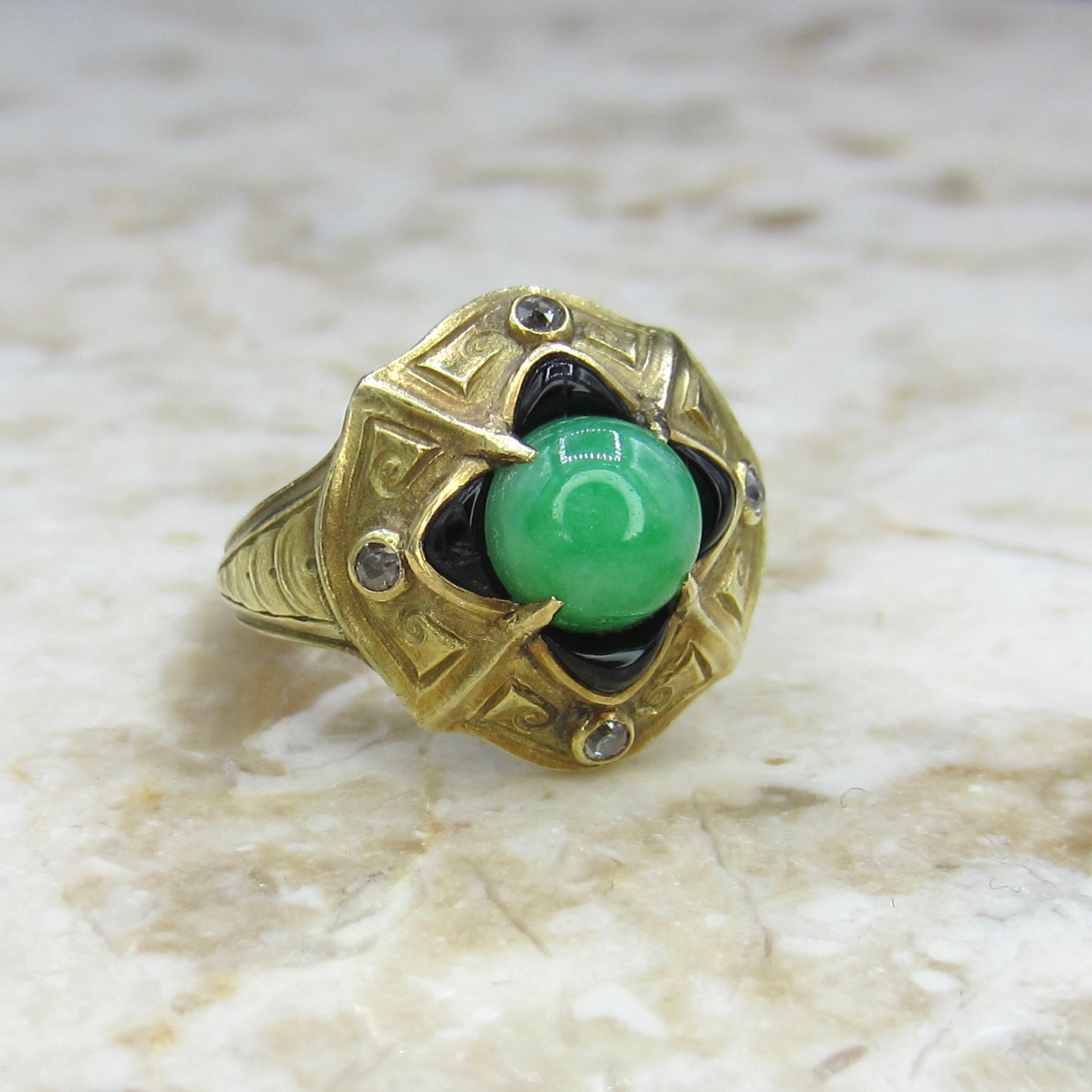 Antique 14k Gold Jade Onyx and Old Cut Diamond Ring c.1920