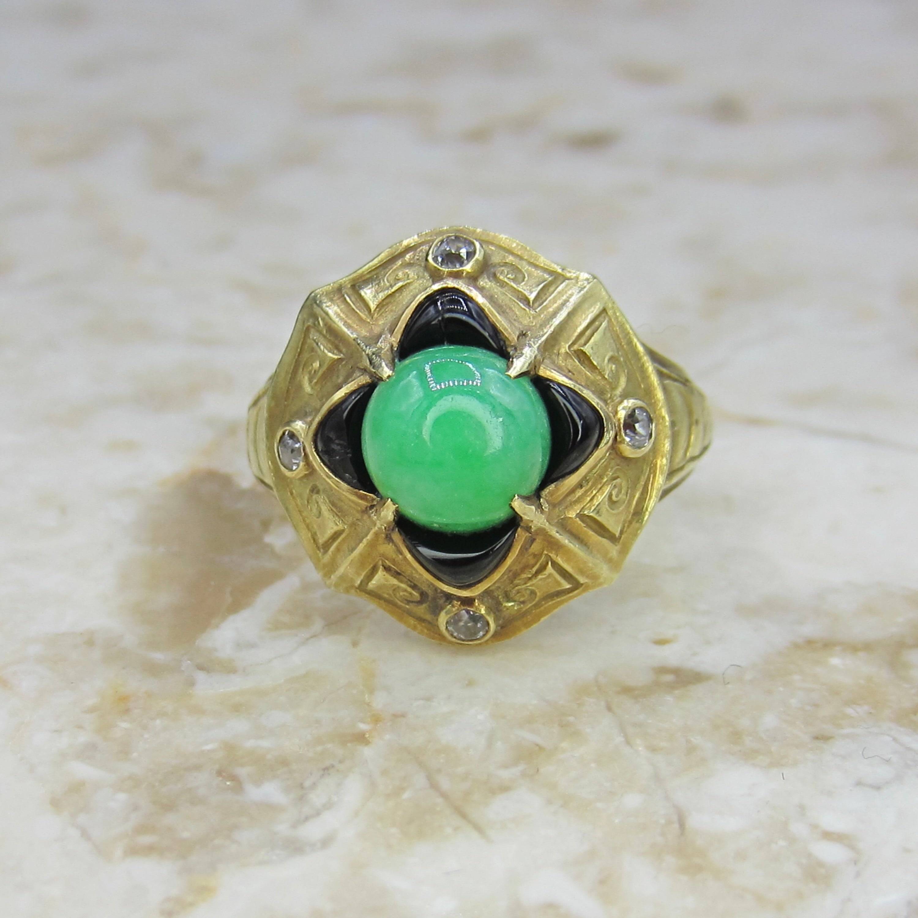 Antique 14k Gold Jade Onyx and Old Cut Diamond Ring c.1920