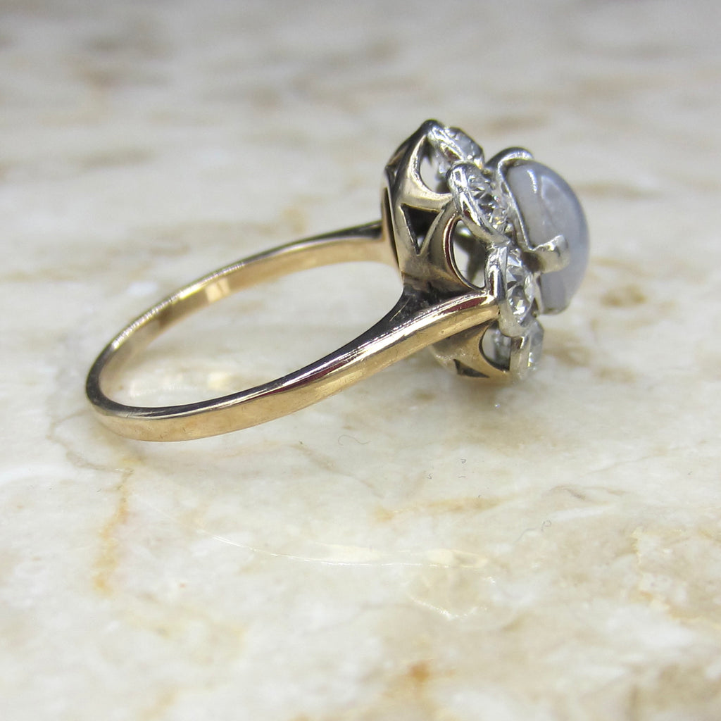 Antique Edwardian 14k Gold Star Sapphire and Old European Cut Diamond Ring c.1910
