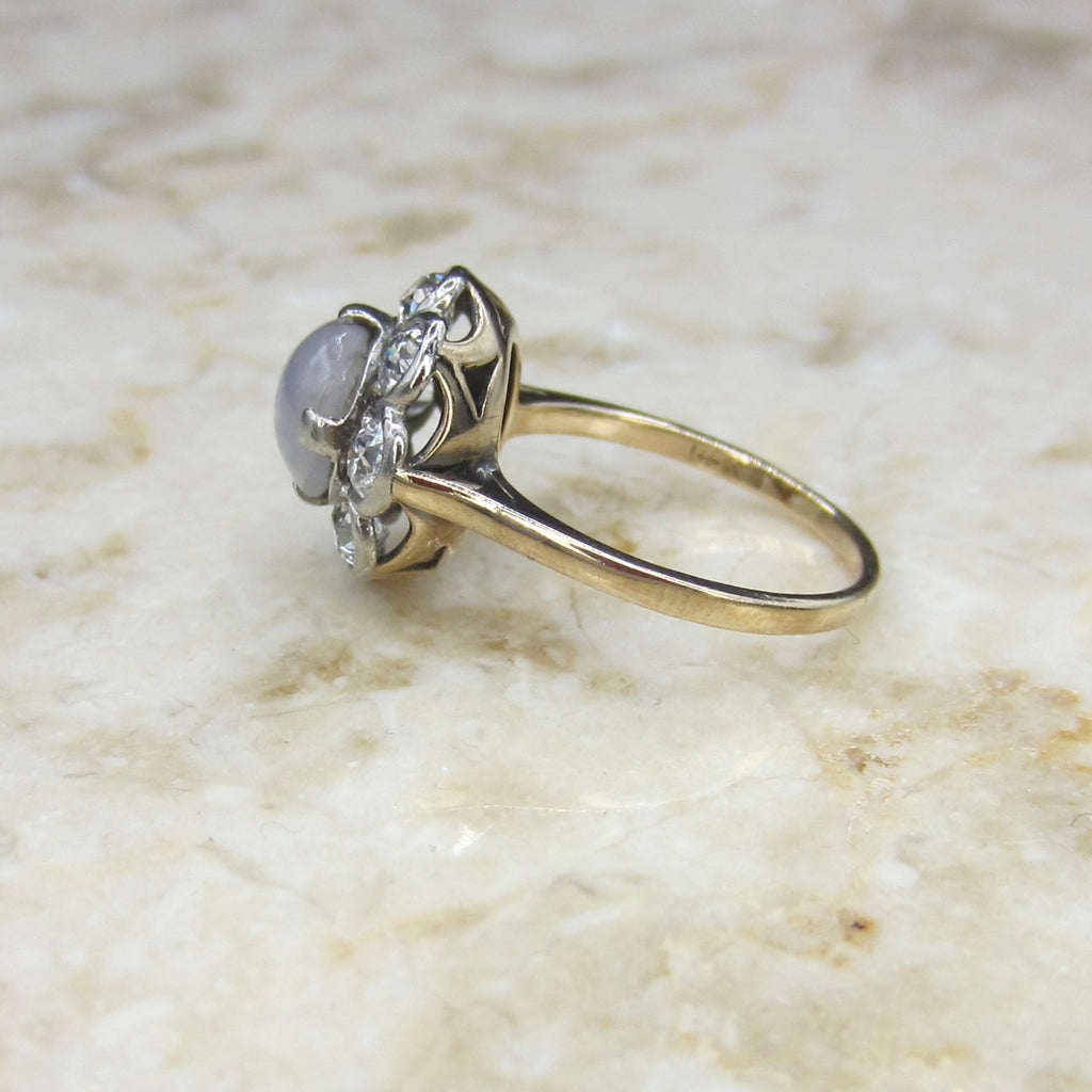 Antique Edwardian 14k Gold Star Sapphire and Old European Cut Diamond Ring c.1910