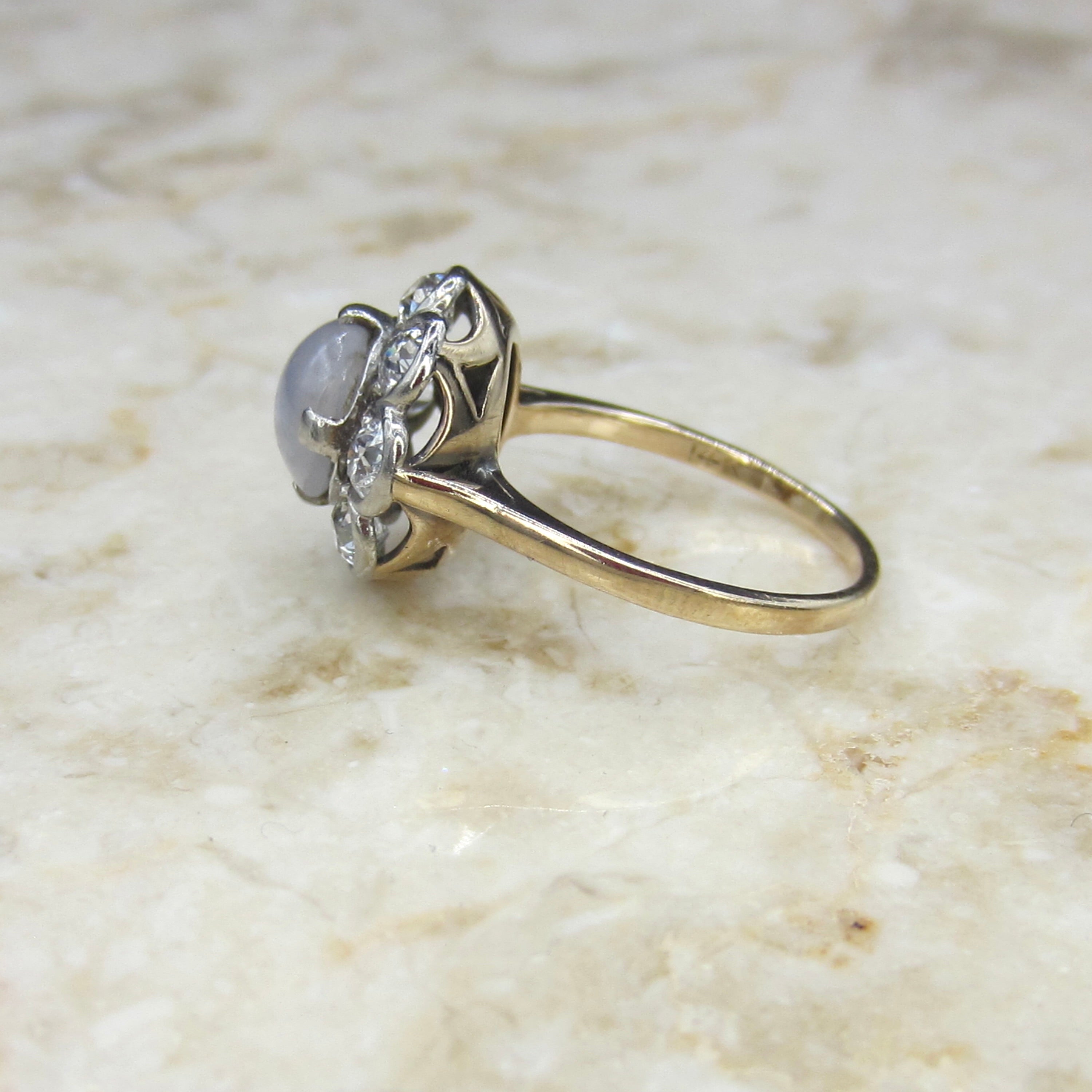 Antique Edwardian 14k Gold Star Sapphire and Old European Cut Diamond Ring c.1910