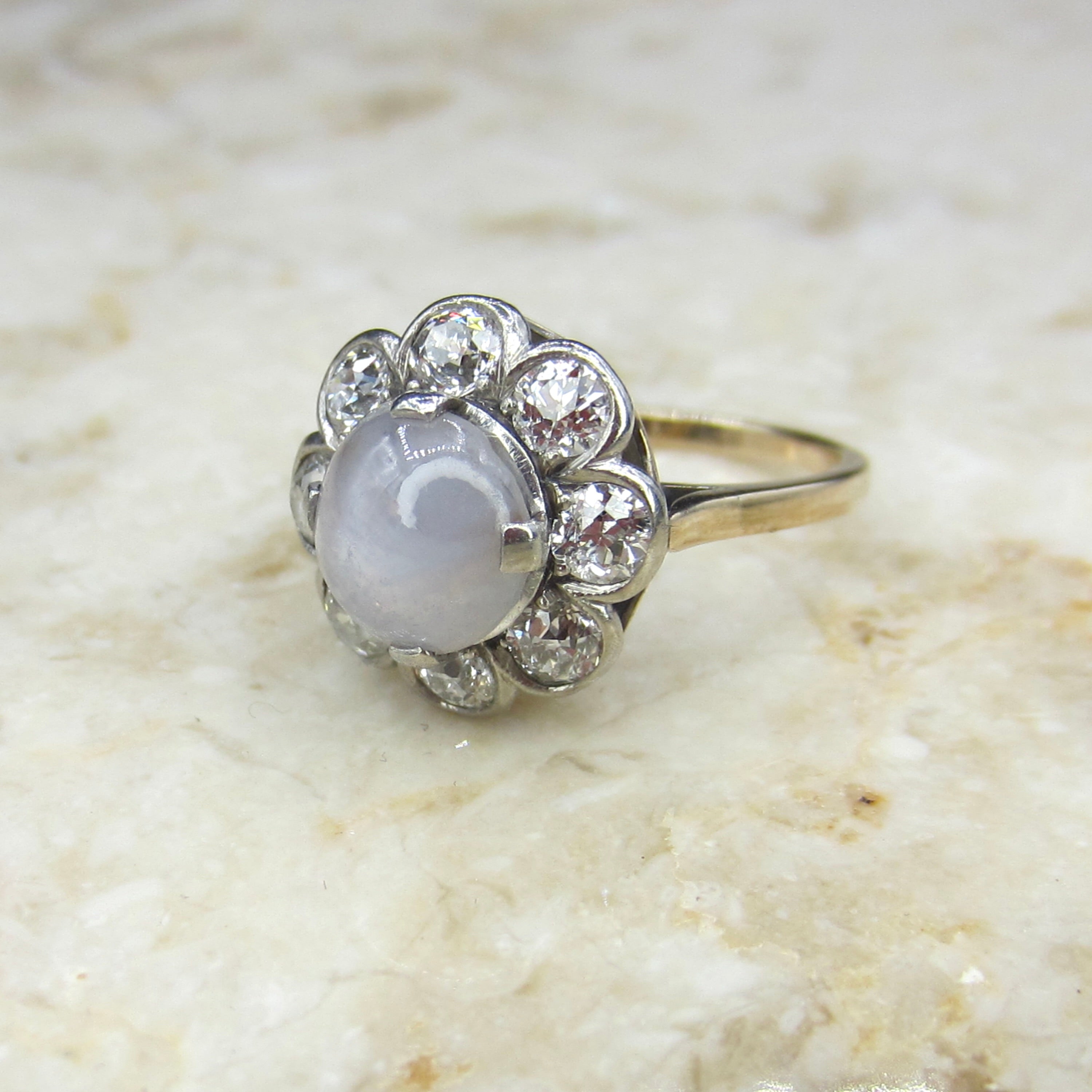 Antique Edwardian 14k Gold Star Sapphire and Old European Cut Diamond Ring c.1910