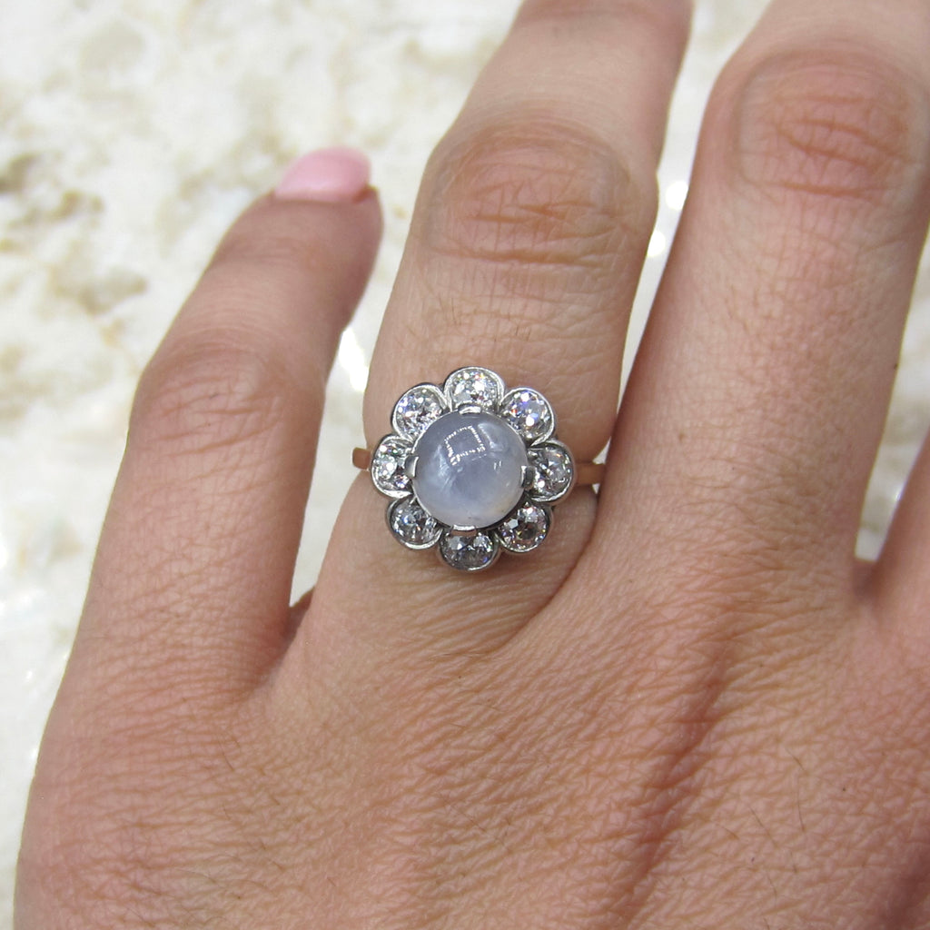 Antique Edwardian 14k Gold Star Sapphire and Old European Cut Diamond Ring c.1910