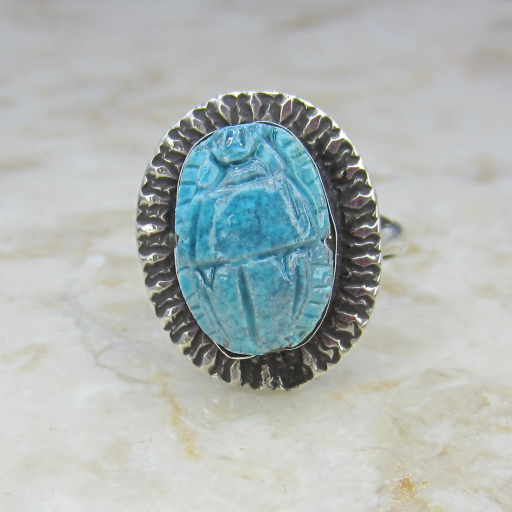 Vintage 800 Silver Egyptian Revival Faience Scarab Ring c.1970s
