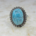 Vintage 800 Silver Egyptian Revival Faience Scarab Ring c.1970s