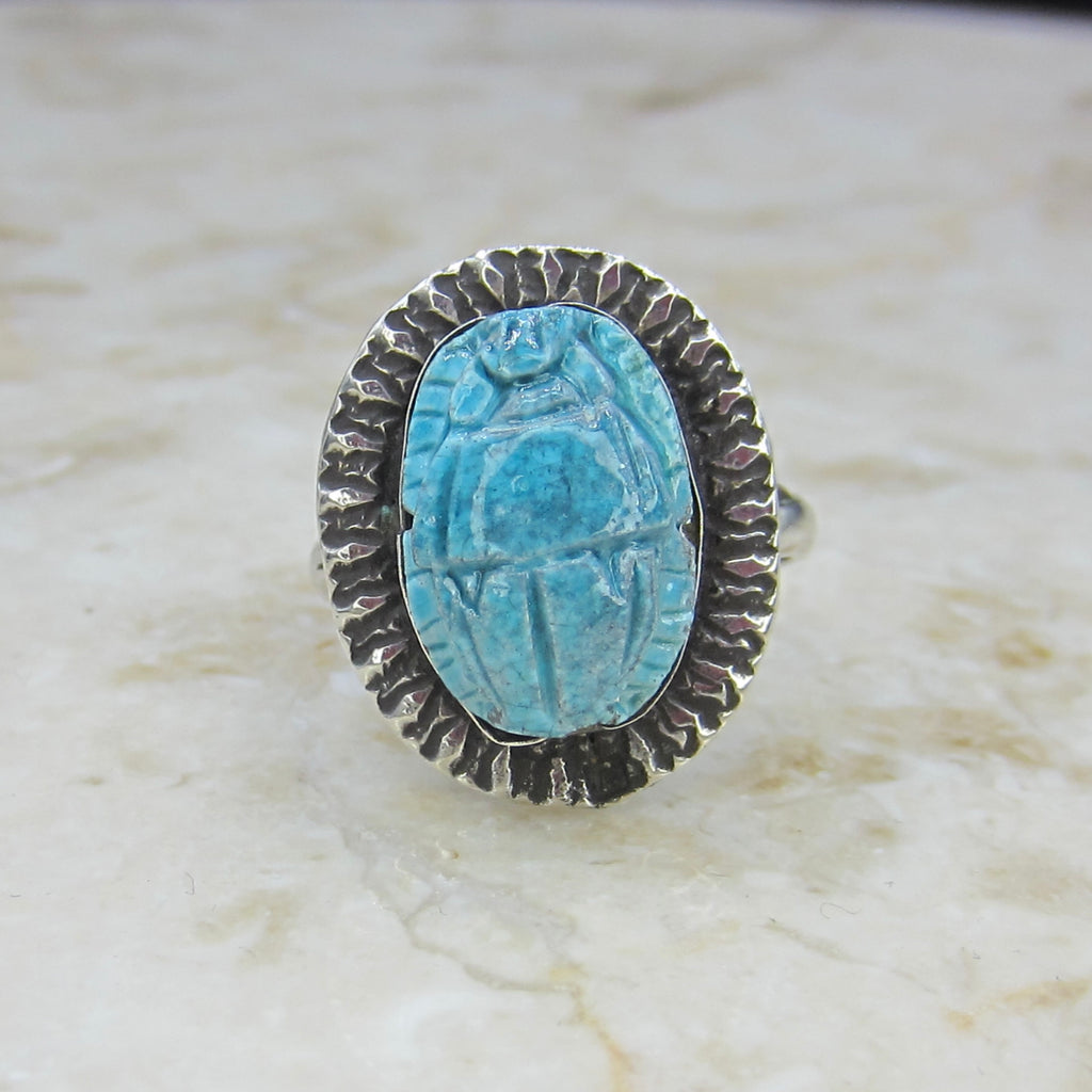 Vintage 800 Silver Egyptian Revival Faience Scarab Ring c.1970s