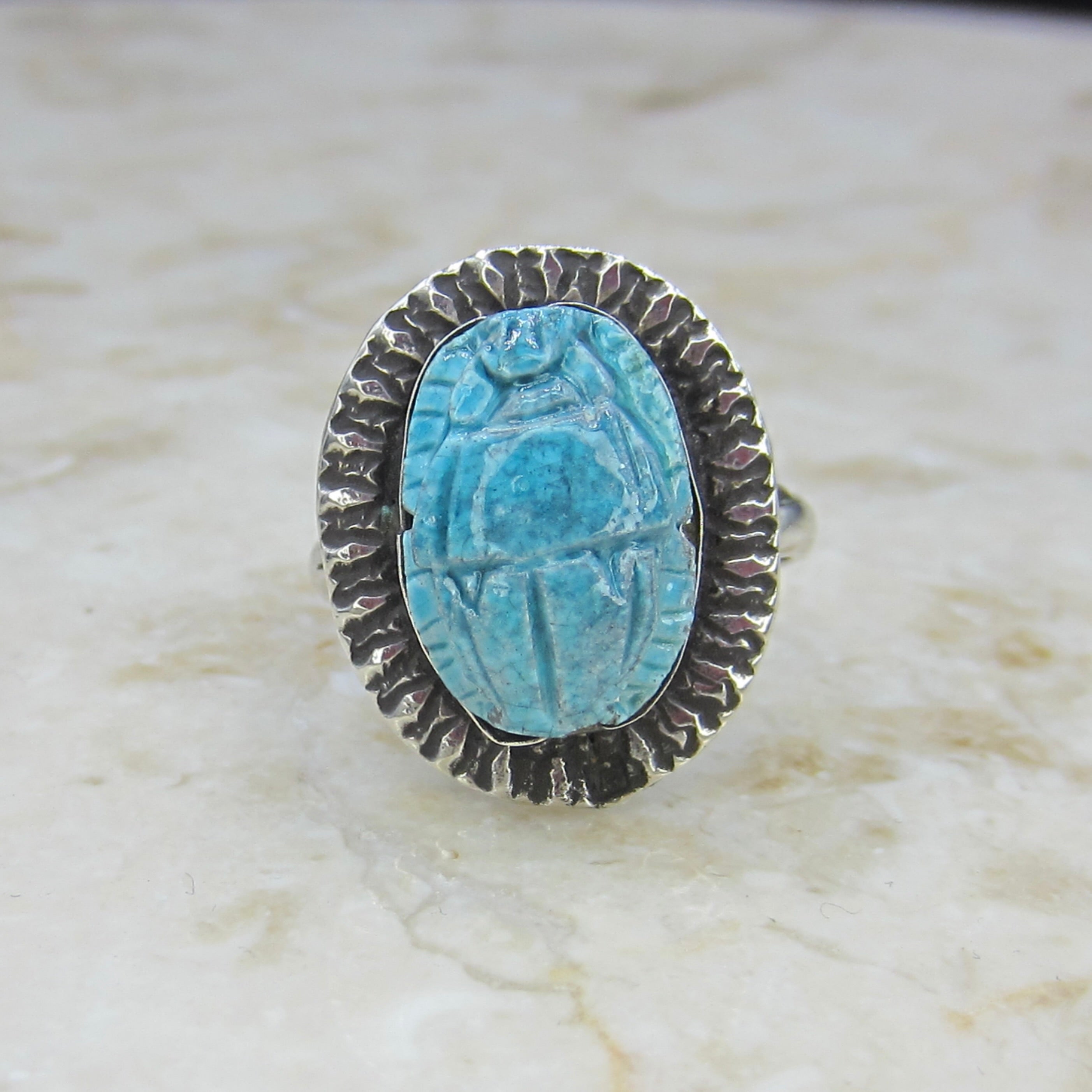 Vintage 800 Silver Egyptian Revival Faience Scarab Ring c.1970s