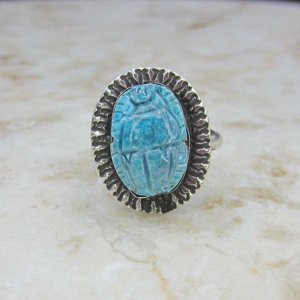Vintage 800 Silver Egyptian Revival Faience Scarab Ring c.1970s