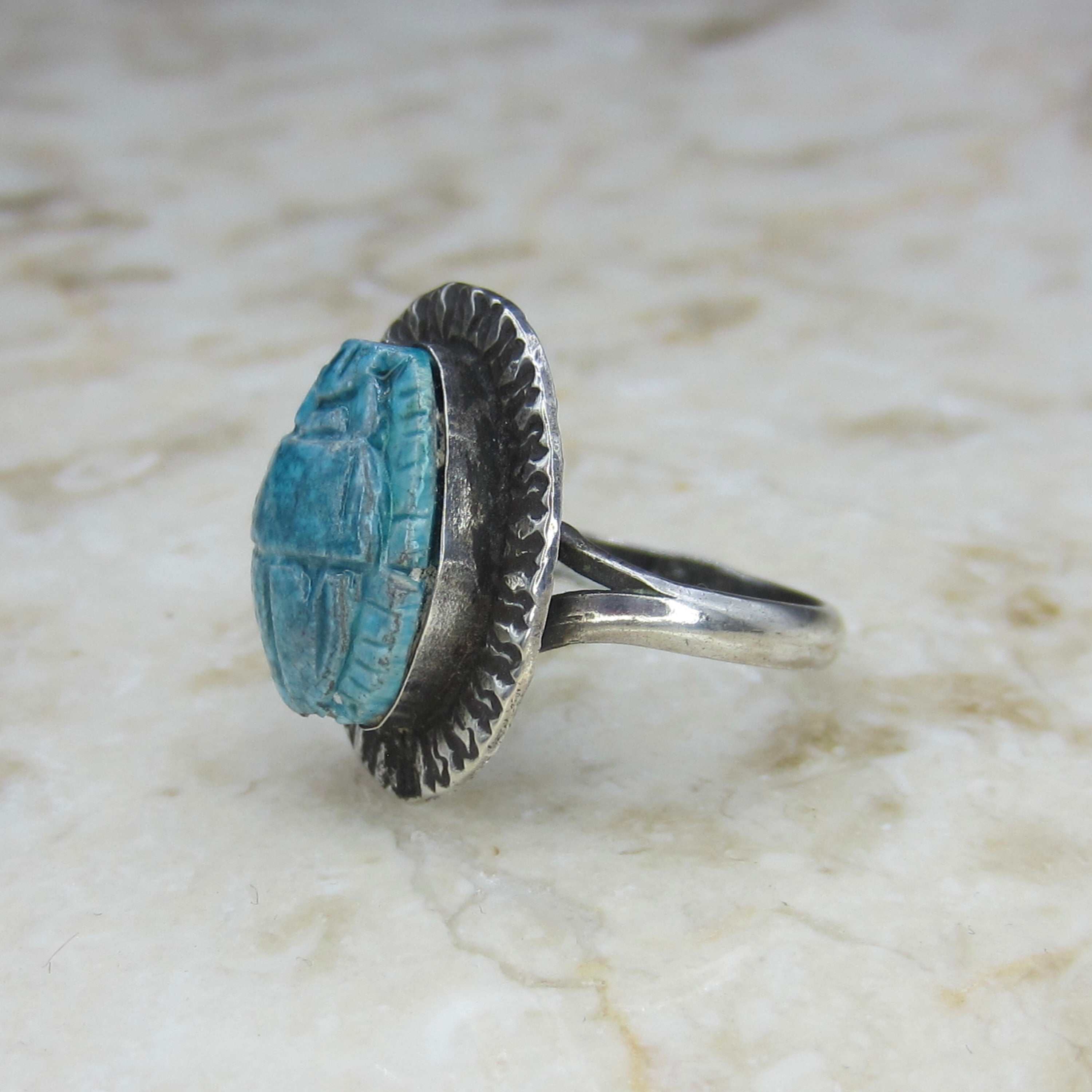 Vintage 800 Silver Egyptian Revival Faience Scarab Ring c.1970s