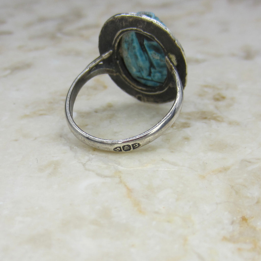 Vintage 800 Silver Egyptian Revival Faience Scarab Ring c.1970s