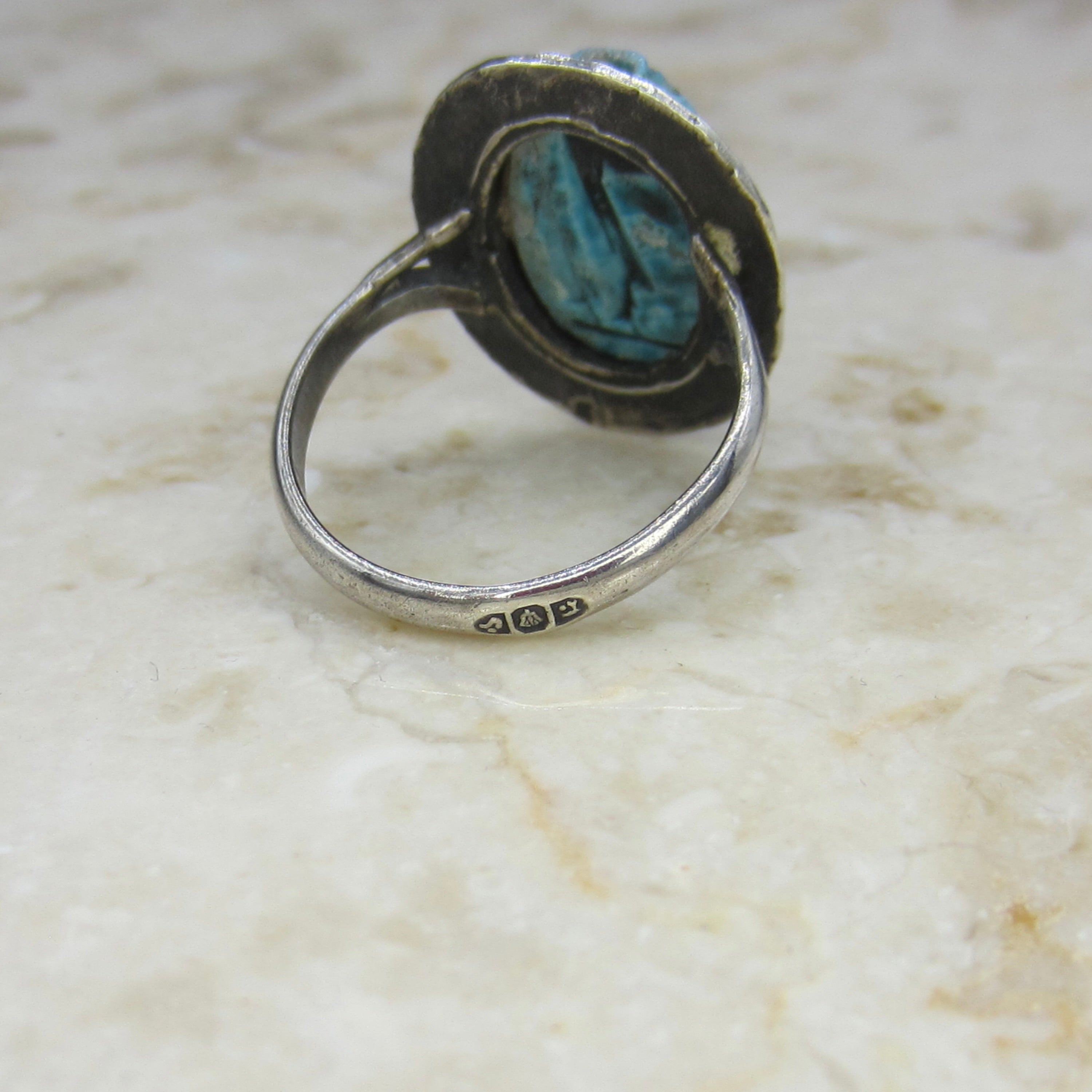 Vintage 800 Silver Egyptian Revival Faience Scarab Ring c.1970s