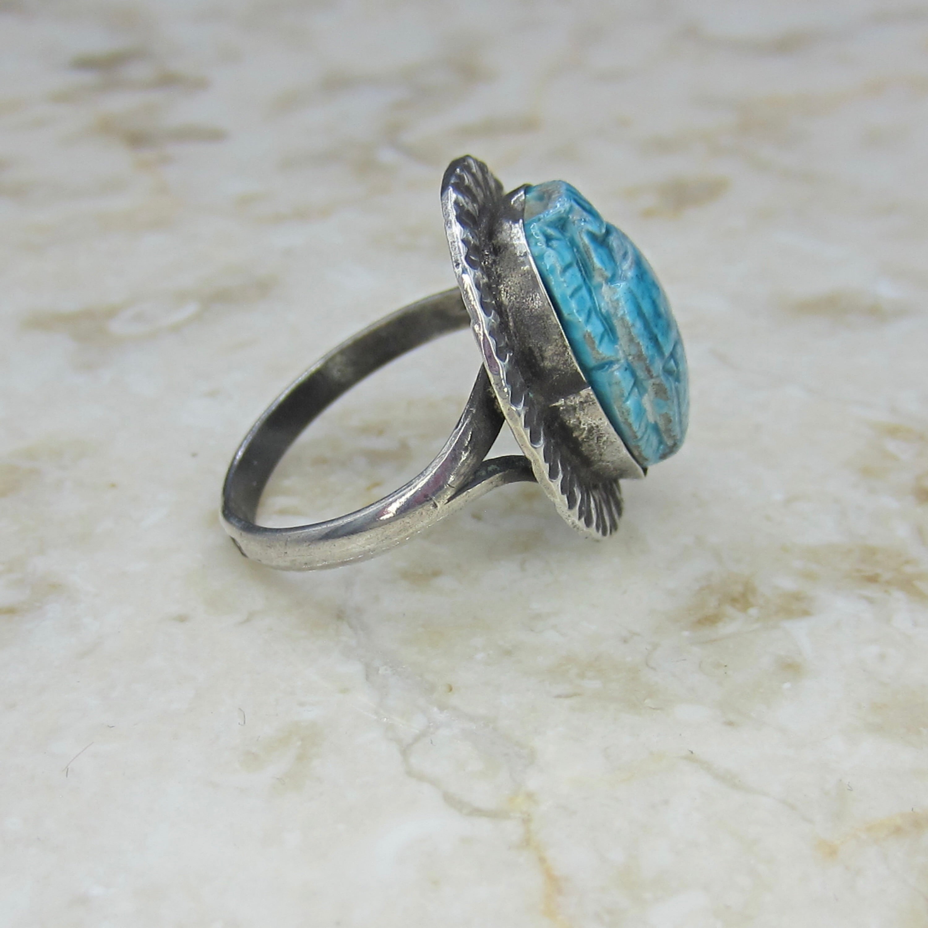 Vintage 800 Silver Egyptian Revival Faience Scarab Ring c.1970s