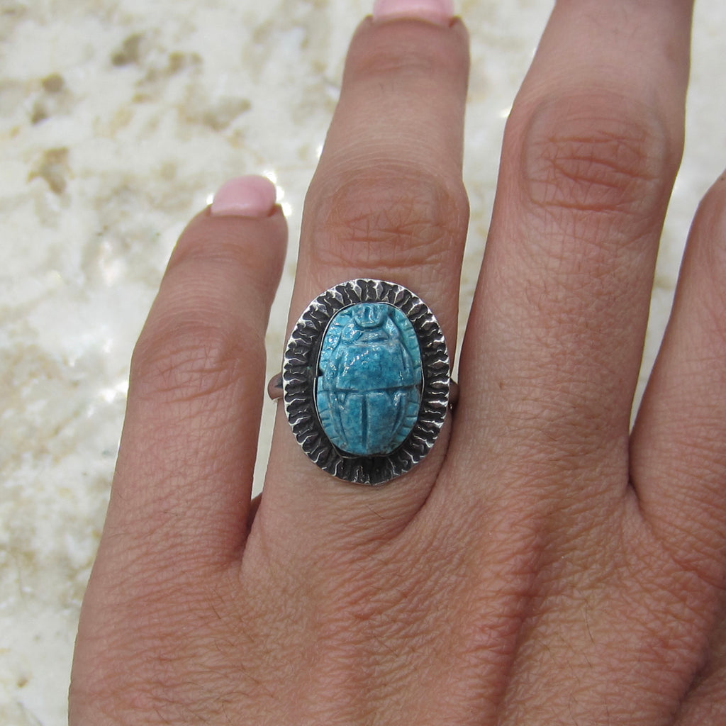 Vintage 800 Silver Egyptian Revival Faience Scarab Ring c.1970s