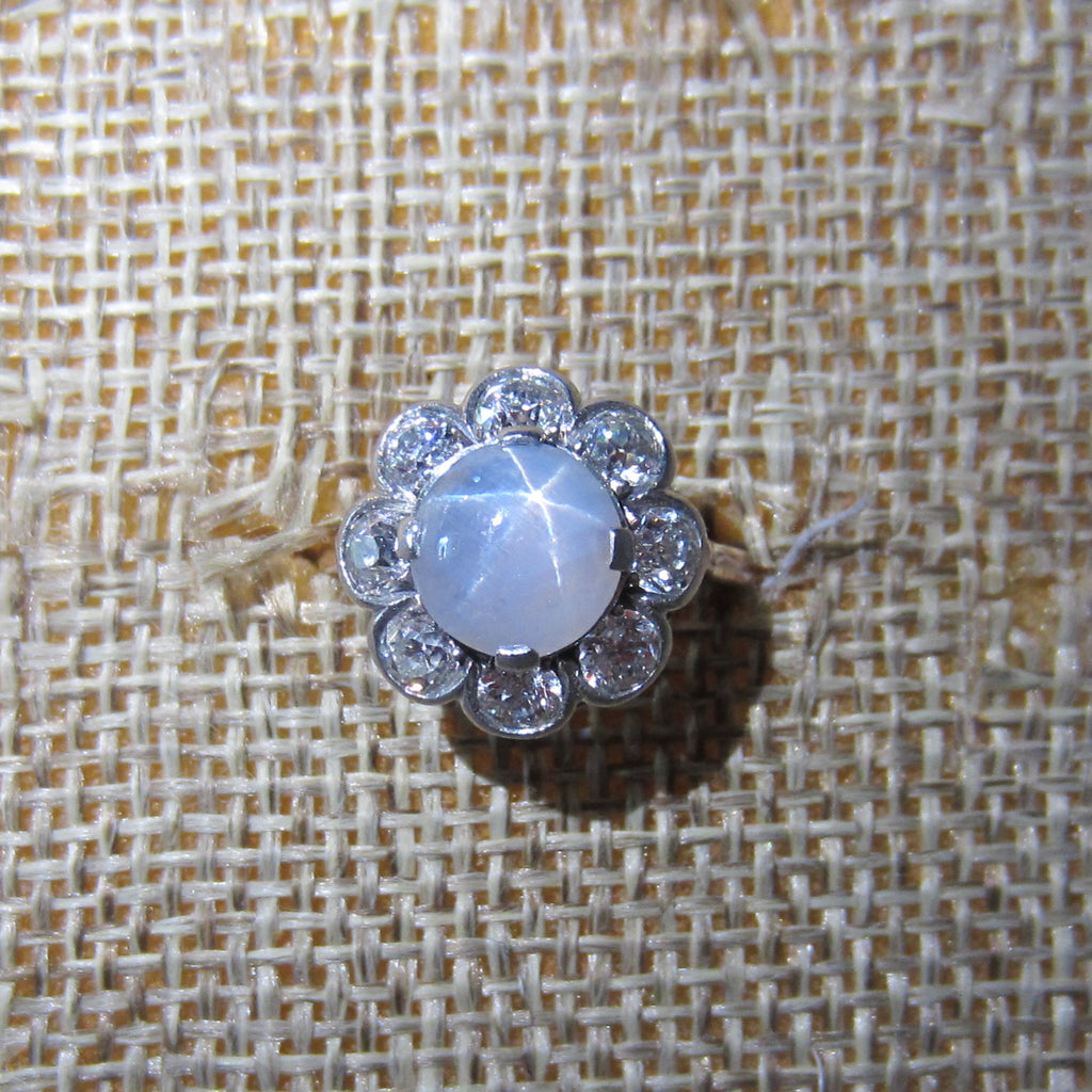 Antique Edwardian 14k Gold Star Sapphire and Old European Cut Diamond Ring c.1910