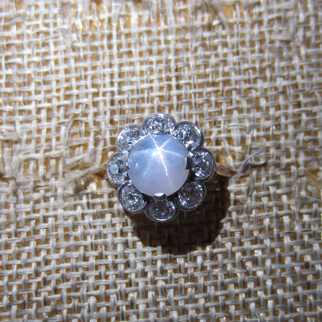 Antique Edwardian 14k Gold Star Sapphire and Old European Cut Diamond Ring c.1910