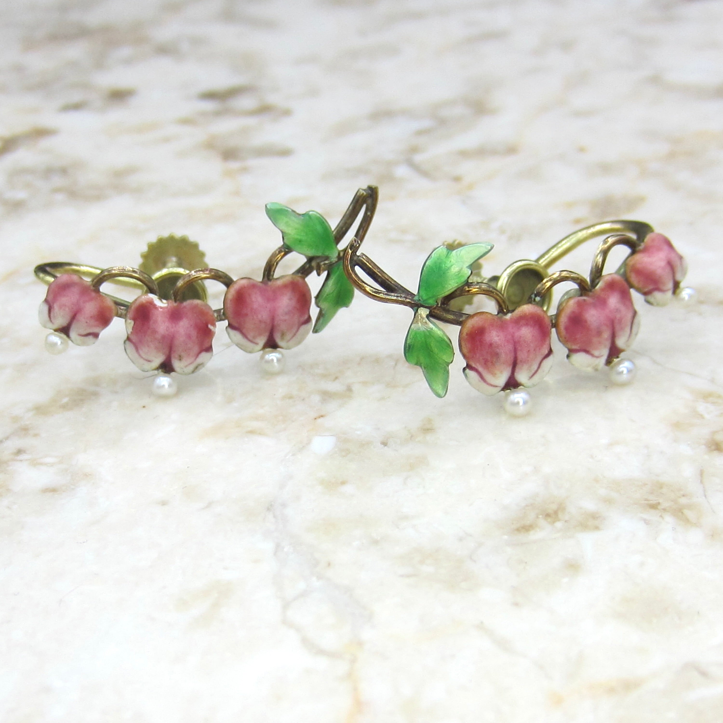 Antique Art Nouveau 14k Gold Enamel Krementz Bleeding Heart Flower Screw Back Earrings