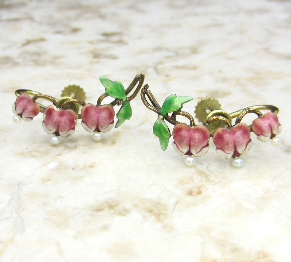 Antique Art Nouveau 14k Gold Enamel Krementz Bleeding Heart Flower Screw Back Earrings