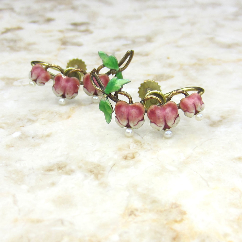 Antique Art Nouveau 14k Gold Enamel Krementz Bleeding Heart Flower Screw Back Earrings
