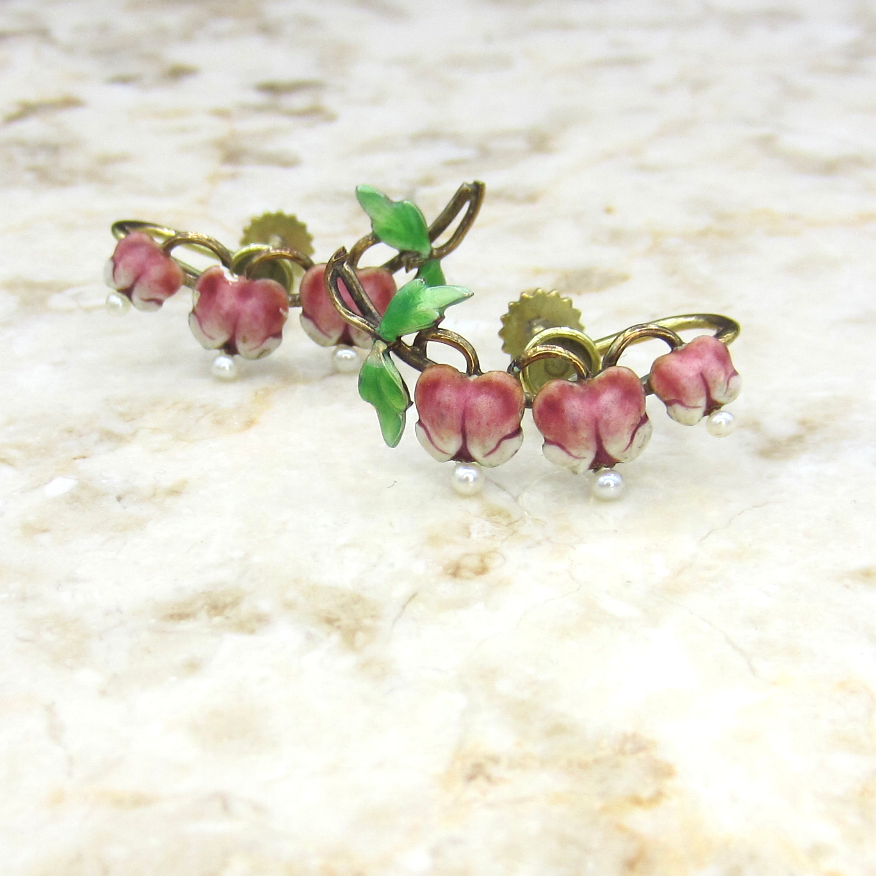 Antique Art Nouveau 14k Gold Enamel Krementz Bleeding Heart Flower Screw Back Earrings