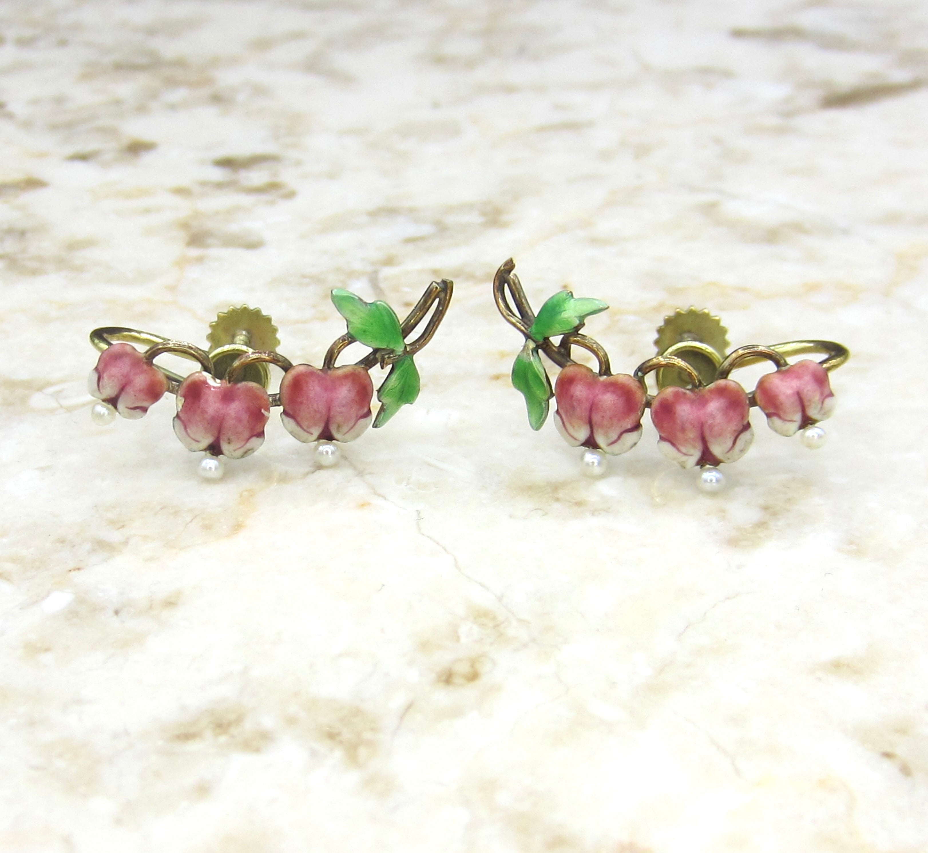 Antique Art Nouveau 14k Gold Enamel Krementz Bleeding Heart Flower Screw Back Earrings