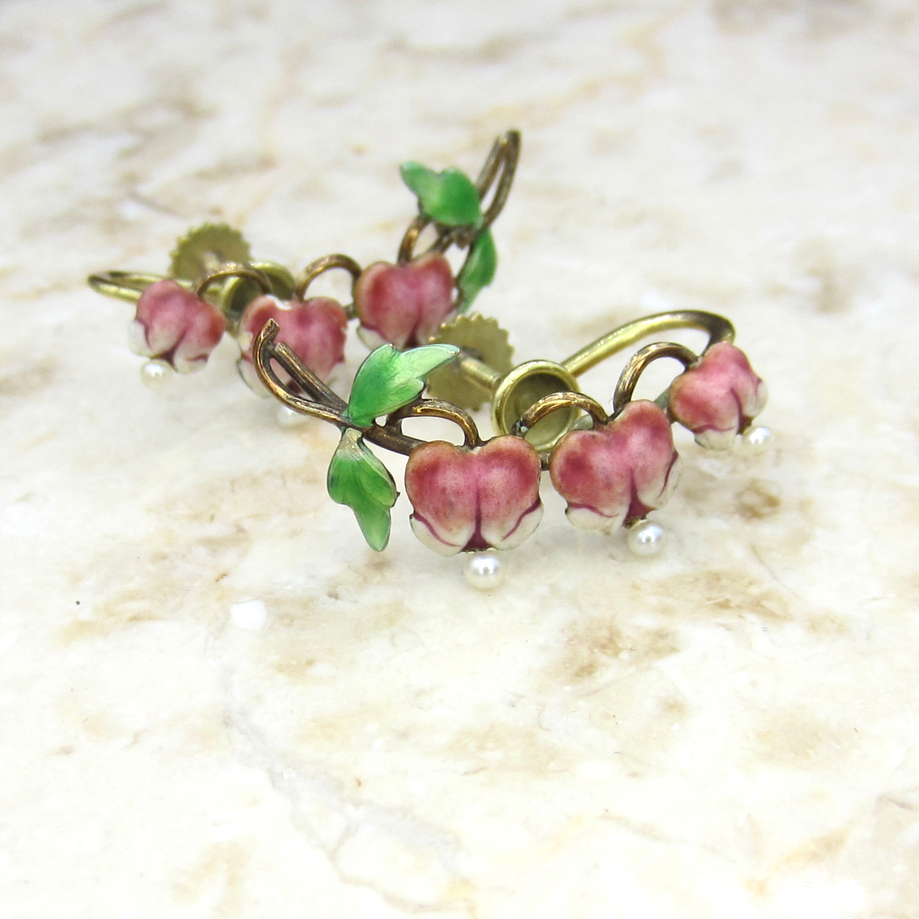 Antique Art Nouveau 14k Gold Enamel Krementz Bleeding Heart Flower Screw Back Earrings