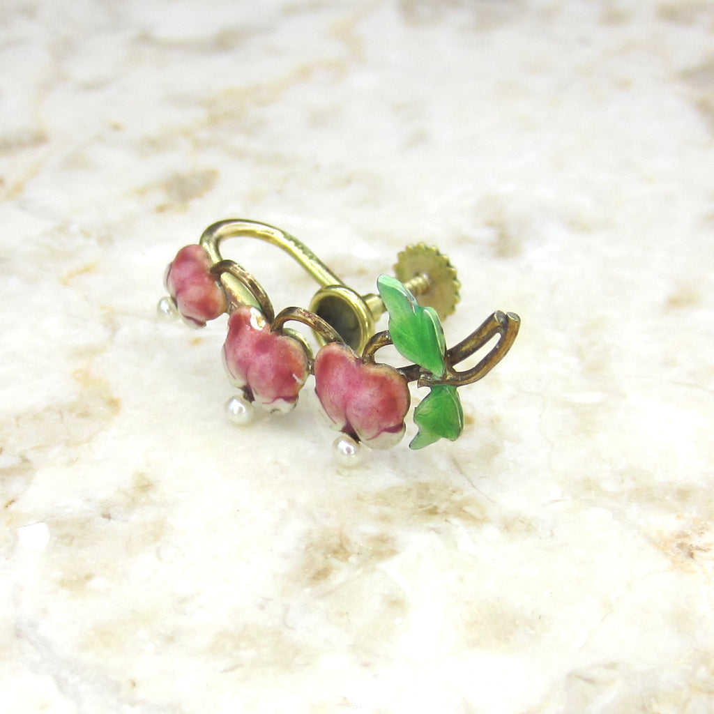 Antique Art Nouveau 14k Gold Enamel Krementz Bleeding Heart Flower Screw Back Earrings