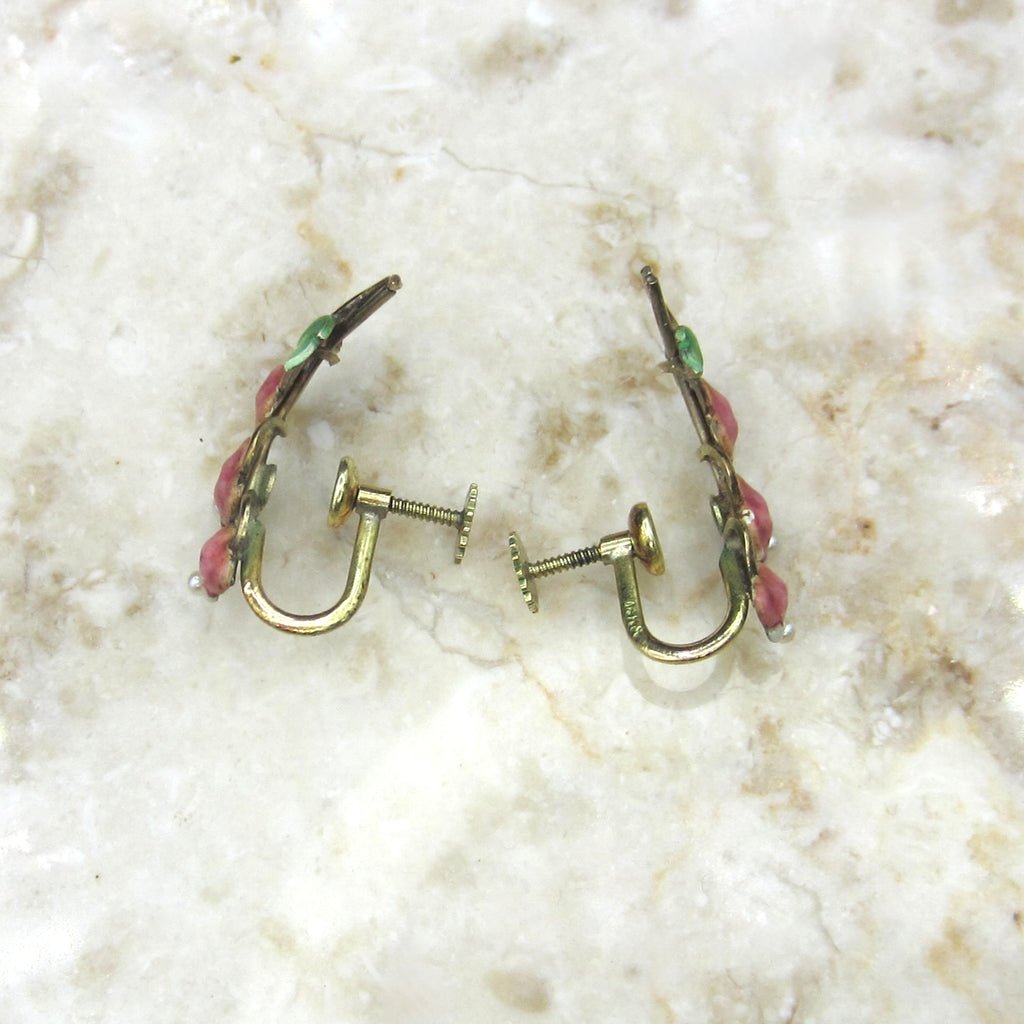 Antique Art Nouveau 14k Gold Enamel Krementz Bleeding Heart Flower Screw Back Earrings