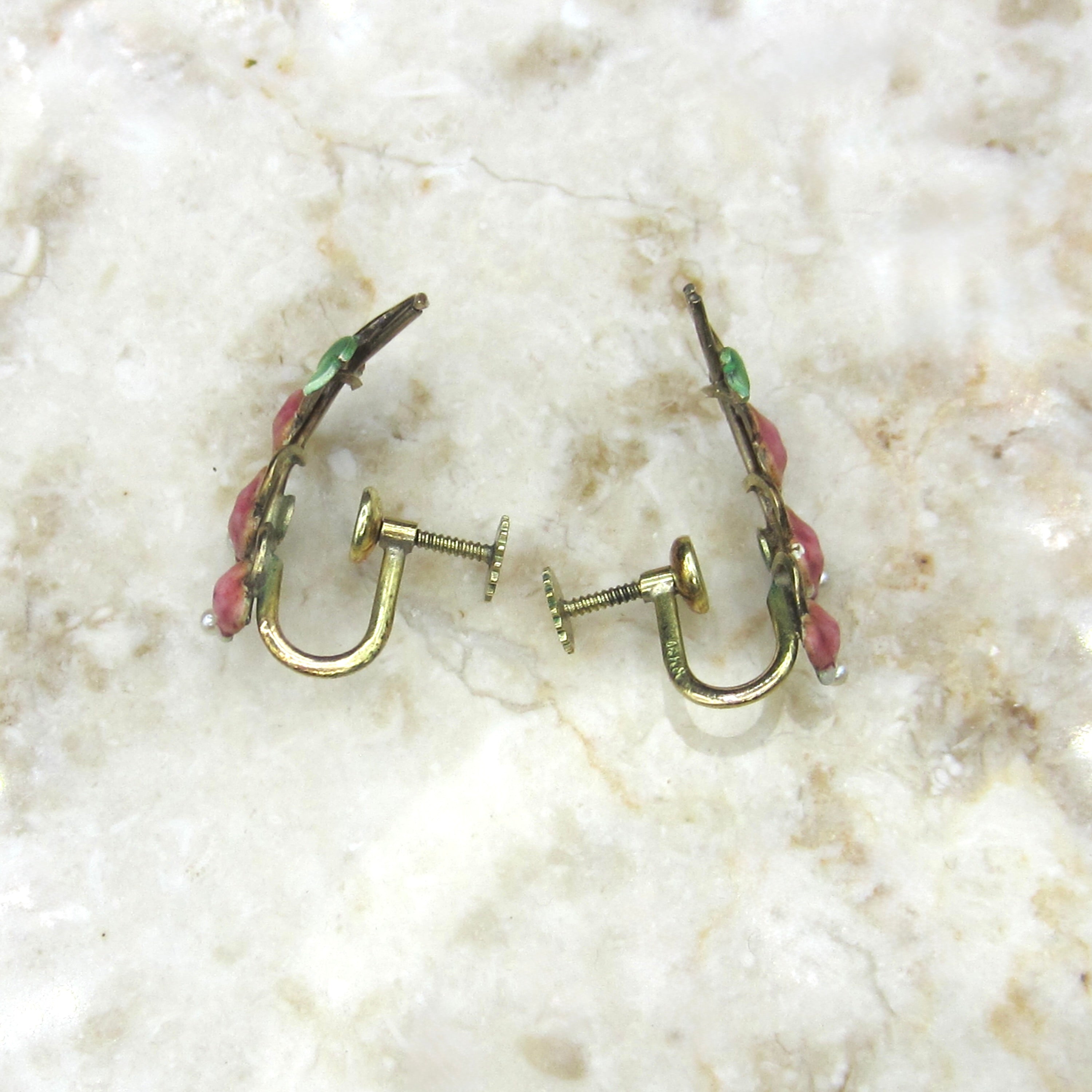 Antique Art Nouveau 14k Gold Enamel Krementz Bleeding Heart Flower Screw Back Earrings