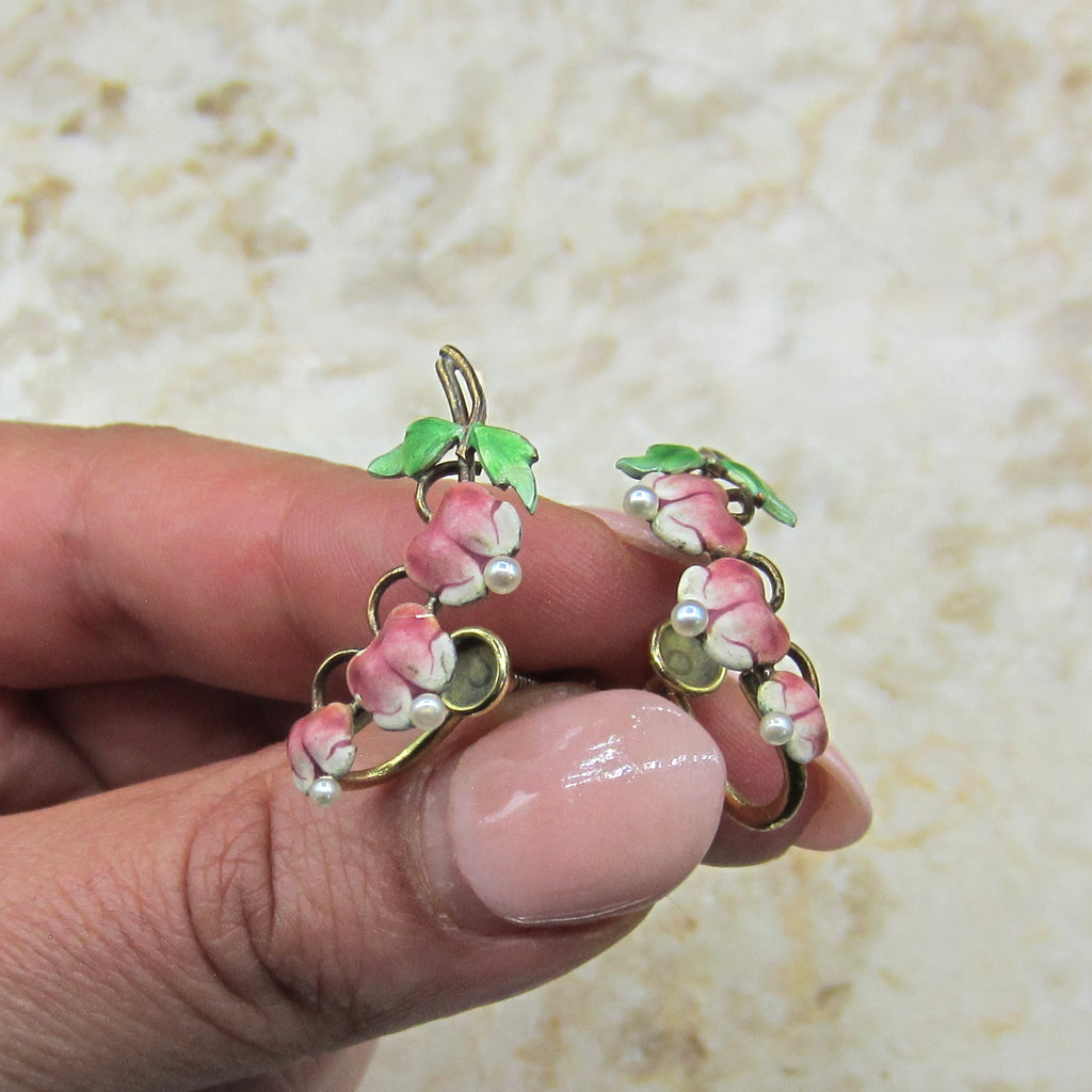 Antique Art Nouveau 14k Gold Enamel Krementz Bleeding Heart Flower Screw Back Earrings