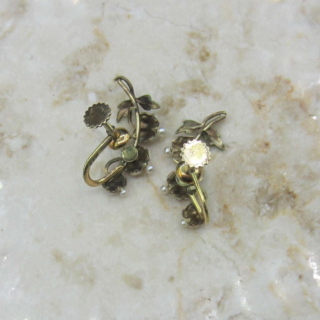 Antique Art Nouveau 14k Gold Enamel Krementz Bleeding Heart Flower Screw Back Earrings