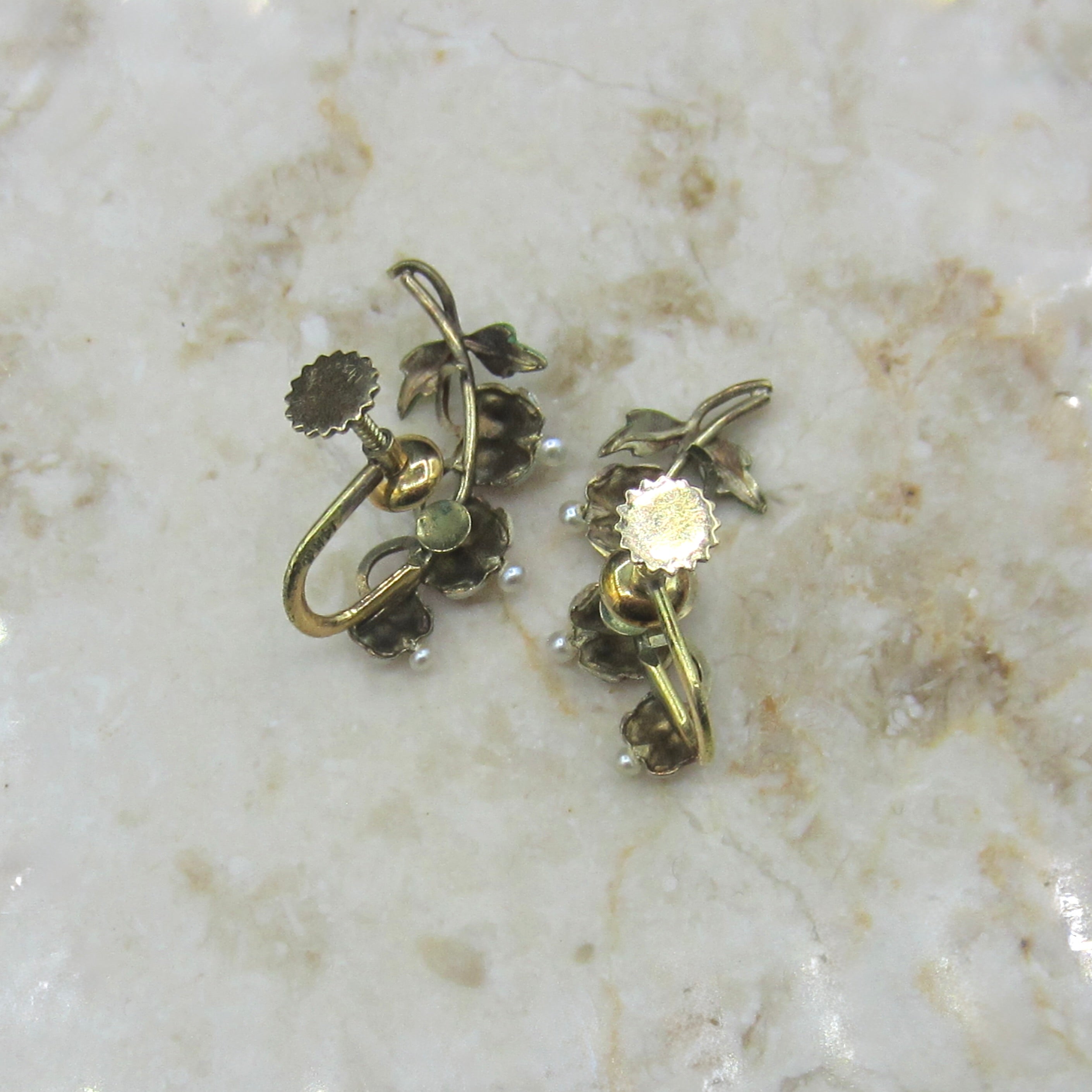 Antique Art Nouveau 14k Gold Enamel Krementz Bleeding Heart Flower Screw Back Earrings